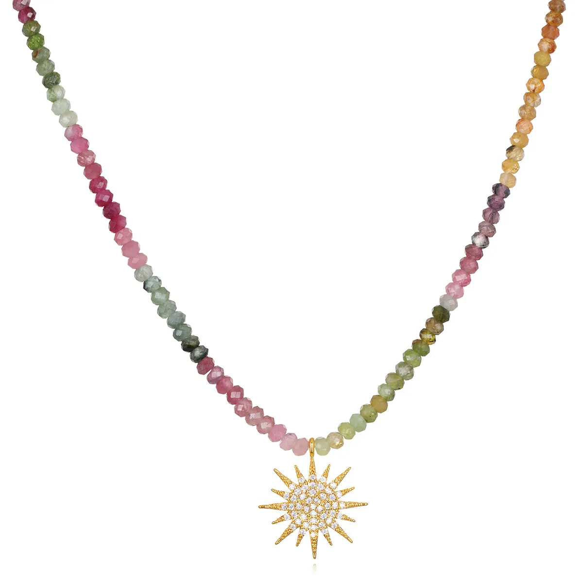 New! Gemstone Sunburst Rainbow Necklace - Watermelon Tourmaline