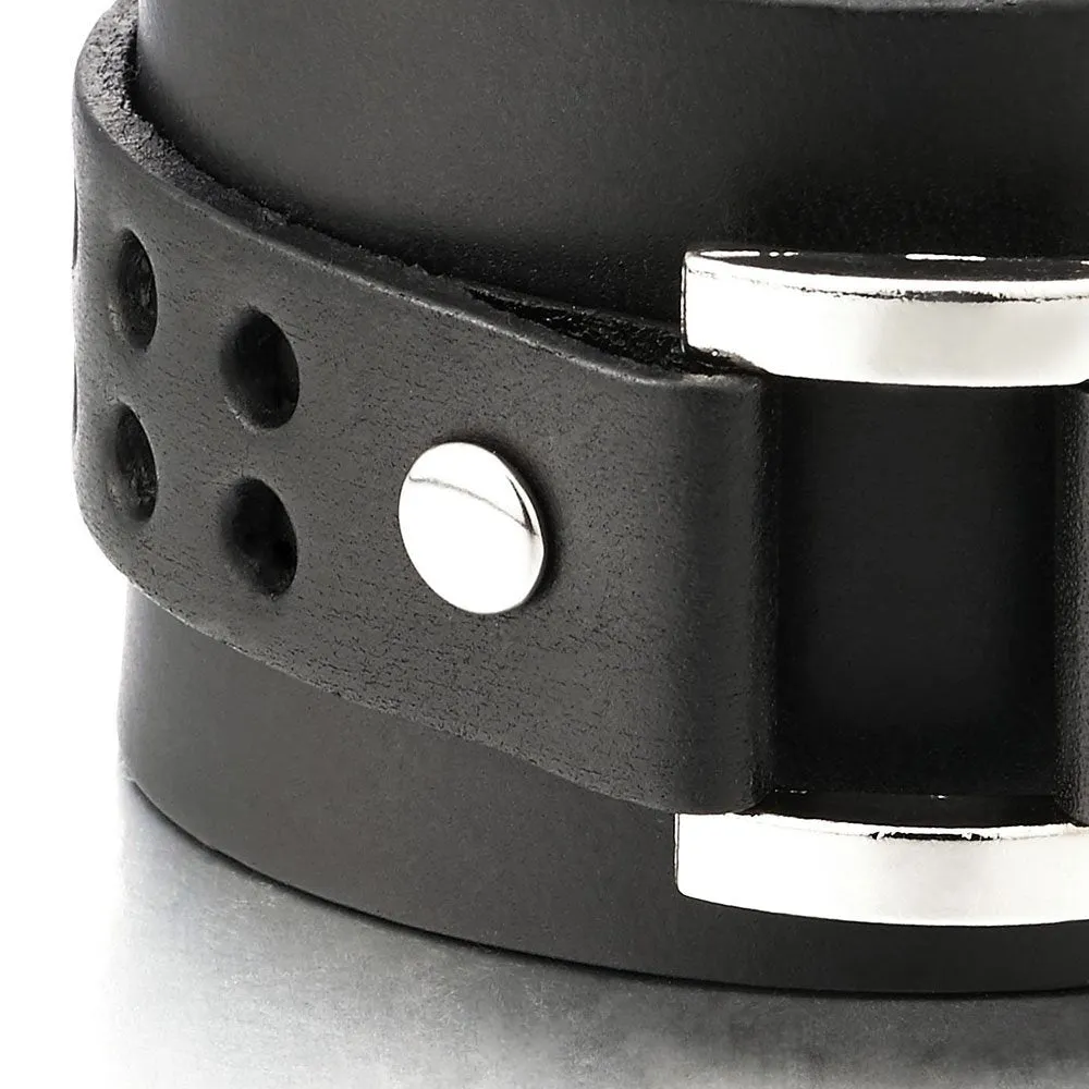 New Mens Wide Leather Bracelet Genuine Leather Bangle Bracelet Wristband with Rivets and Buckle