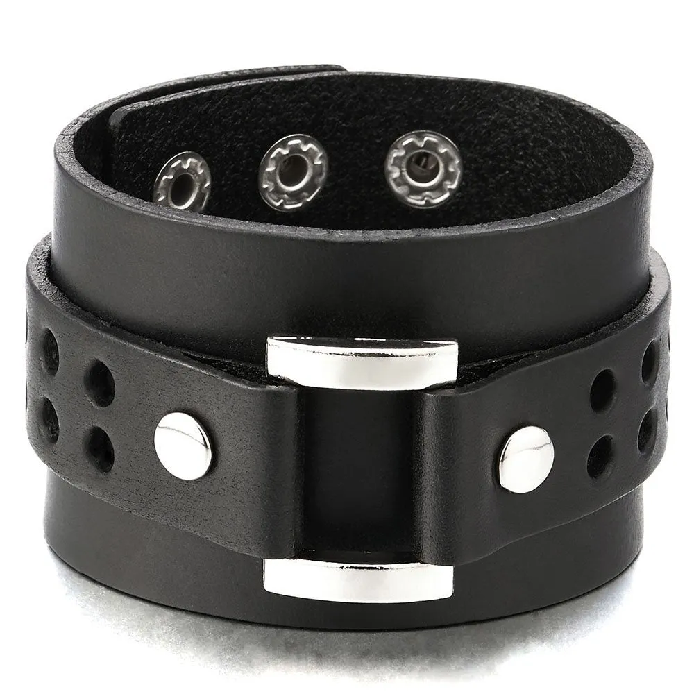 New Mens Wide Leather Bracelet Genuine Leather Bangle Bracelet Wristband with Rivets and Buckle