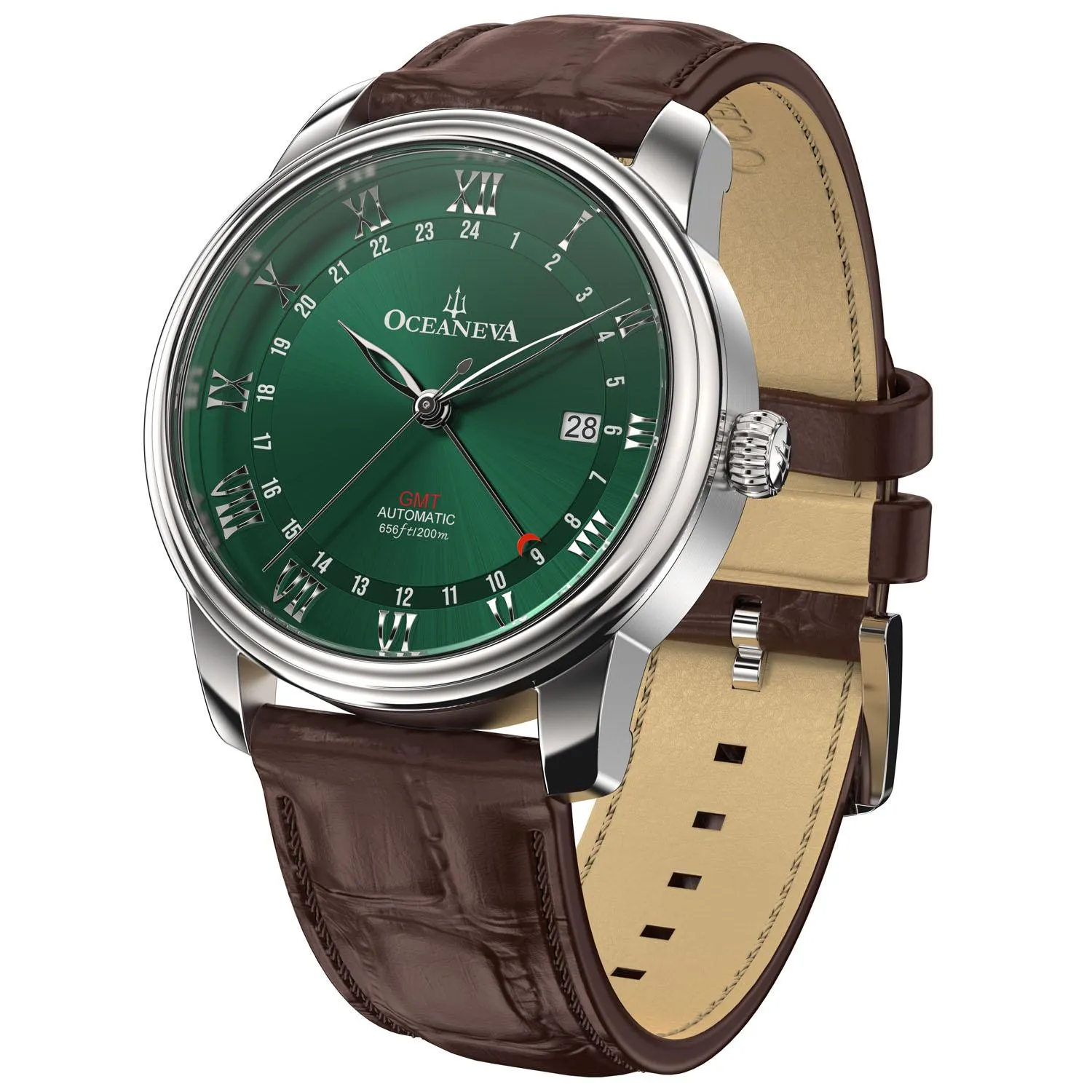 Oceaneva Men's OceanTrek GMT Automatic 200m Leather Watch Green