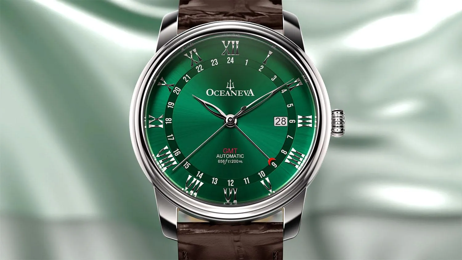 Oceaneva Men's OceanTrek GMT Automatic 200m Leather Watch Green