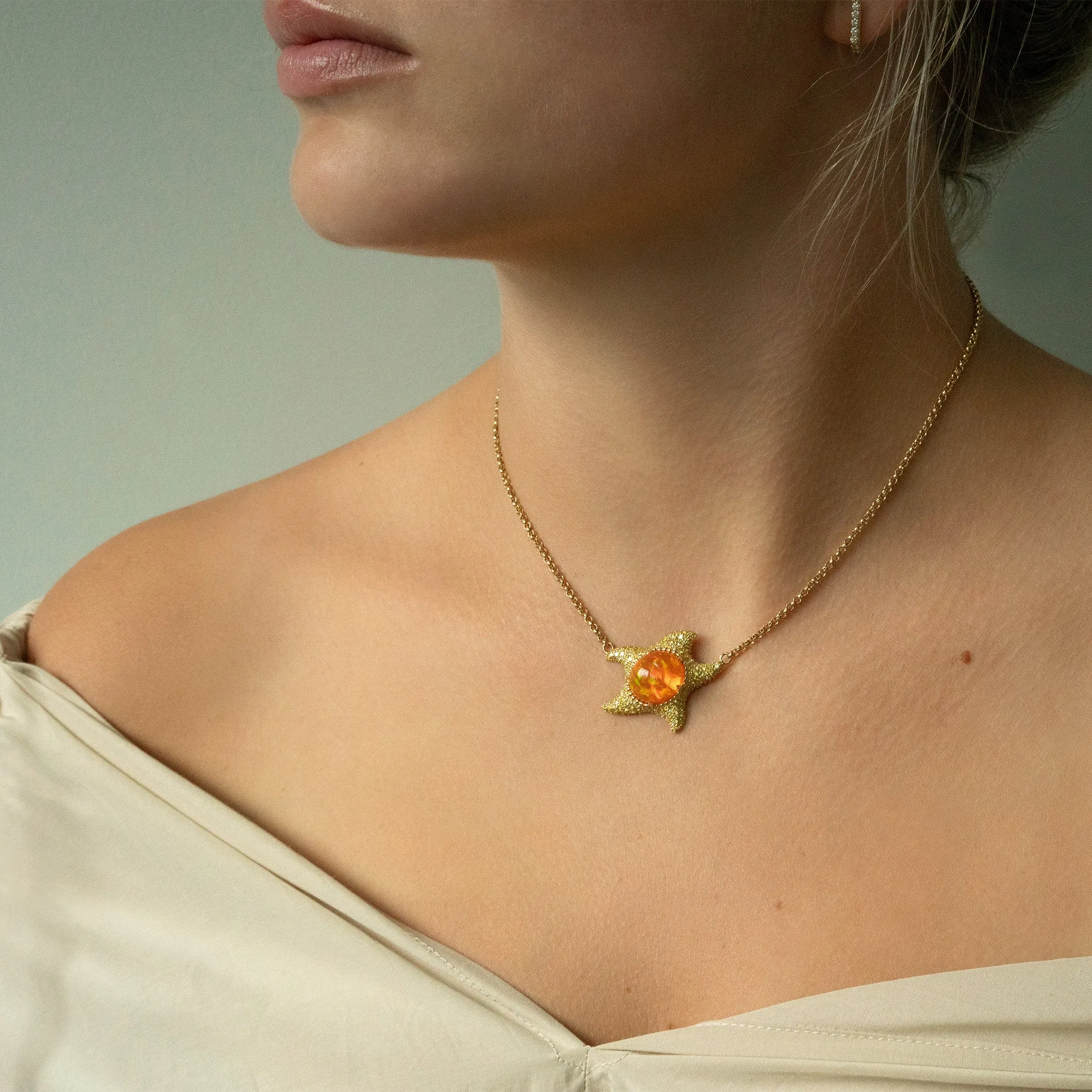 One of a Kind Mexican Fire Opal and Yellow Diamond Starfish Necklace