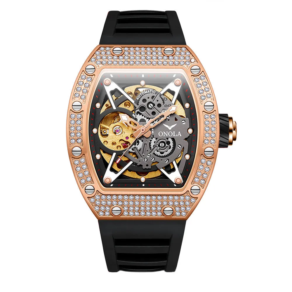 ONOLA Skeleton Mechanical Watch Barrel Shaped 43mm Inlaid w/ Brilliant Diamond