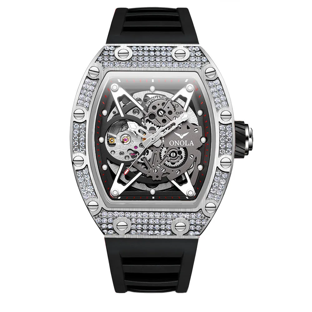 ONOLA Skeleton Mechanical Watch Barrel Shaped 43mm Inlaid w/ Brilliant Diamond