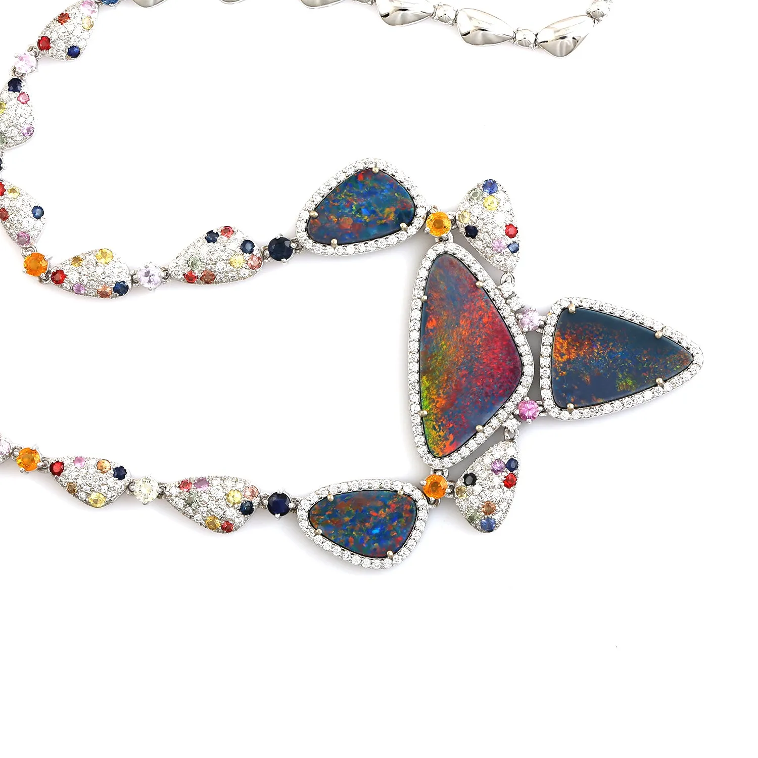 Opal Doublet Pave Multi Sapphire Diamond Designer Necklace In 18k White Gold