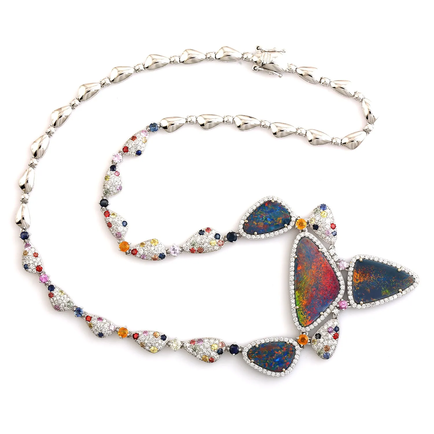 Opal Doublet Pave Multi Sapphire Diamond Designer Necklace In 18k White Gold