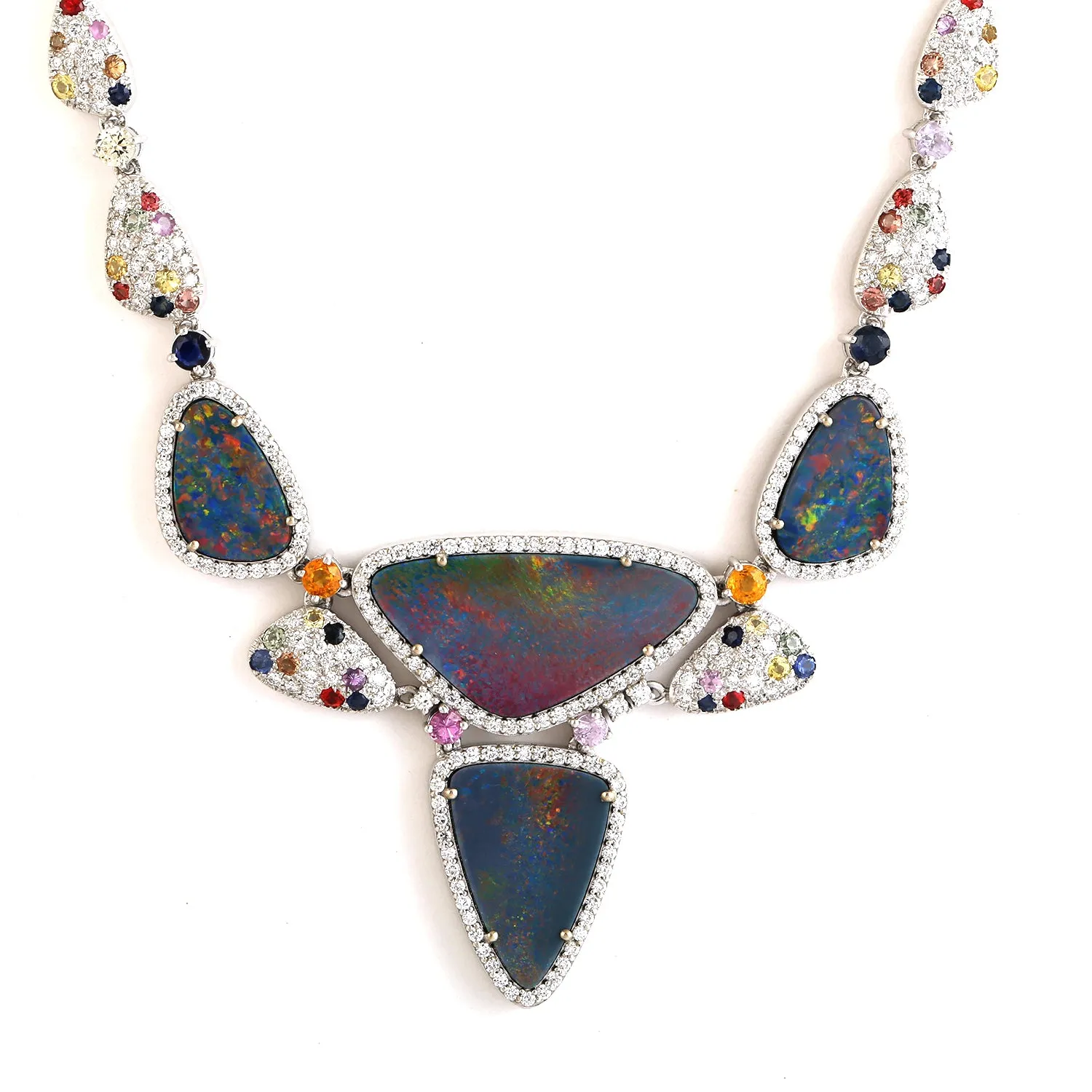 Opal Doublet Pave Multi Sapphire Diamond Designer Necklace In 18k White Gold