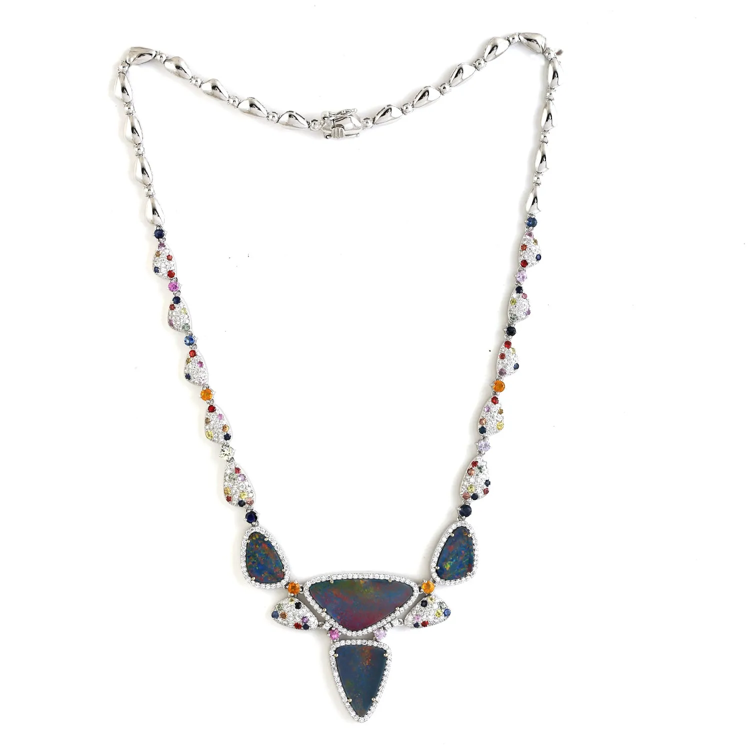 Opal Doublet Pave Multi Sapphire Diamond Designer Necklace In 18k White Gold