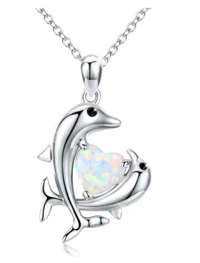 Opal Heart Two Dolphin Pendant Heart Necklace Island Dolphin Beach Jewelry Chain 925 Sterling Silver Birthday Gift 20in.