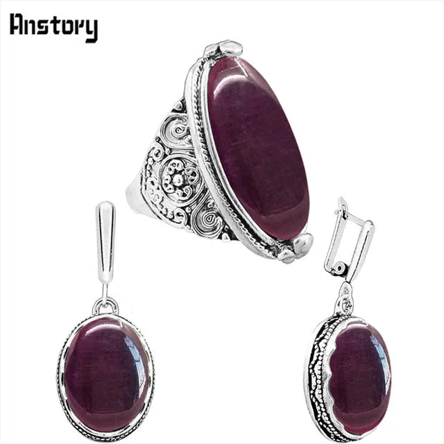 Oval Dark Red Opal Necklace Earrings Rings Jewelry Set  For Women Antique Silver Plated Pendant Stainless Steel Chain Gift