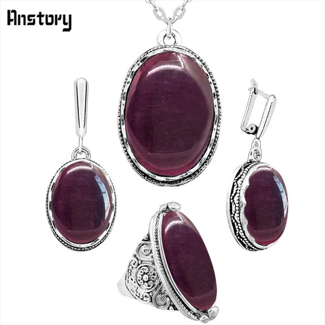 Oval Dark Red Opal Necklace Earrings Rings Jewelry Set  For Women Antique Silver Plated Pendant Stainless Steel Chain Gift