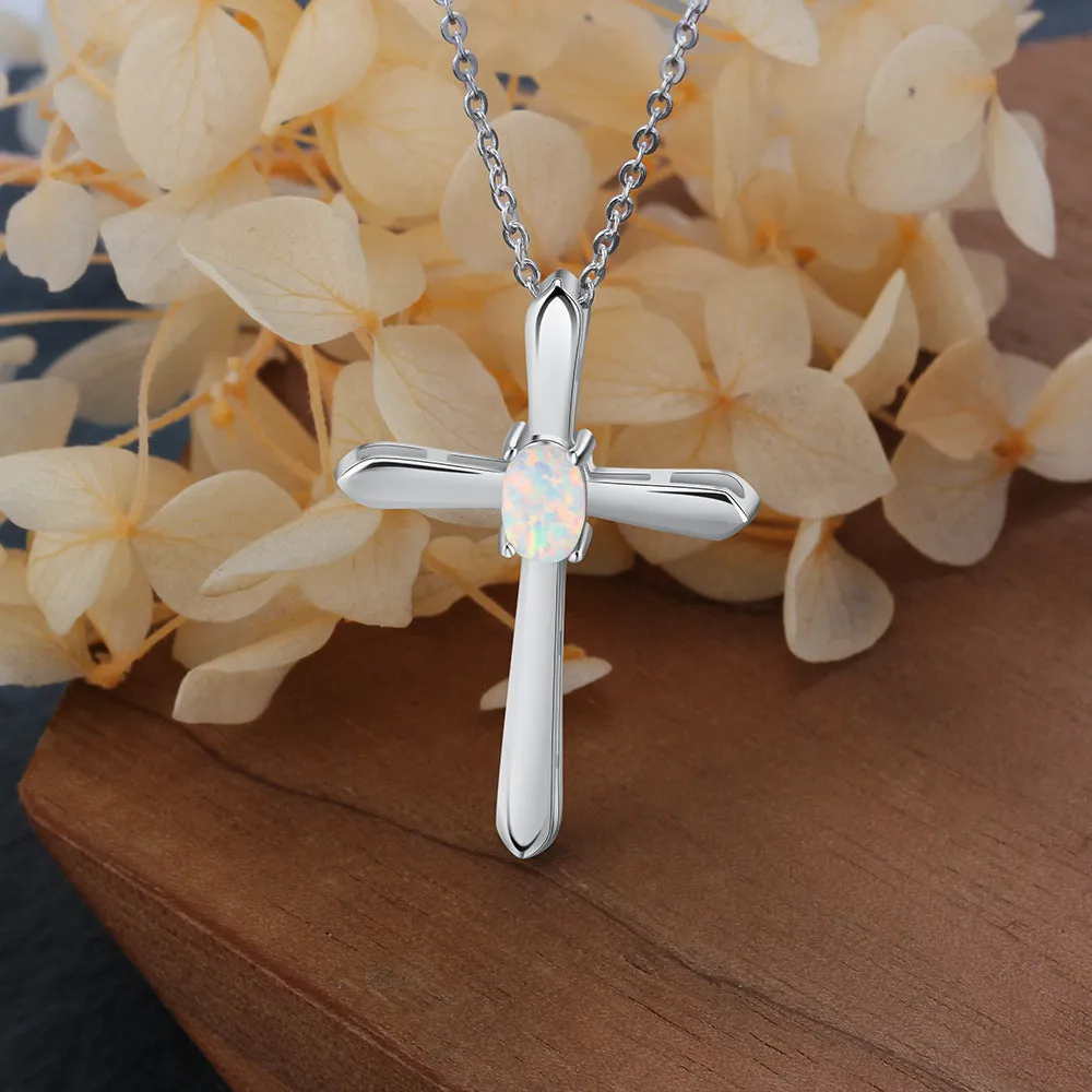 Oval Opal Cross Sterling Silver Necklace