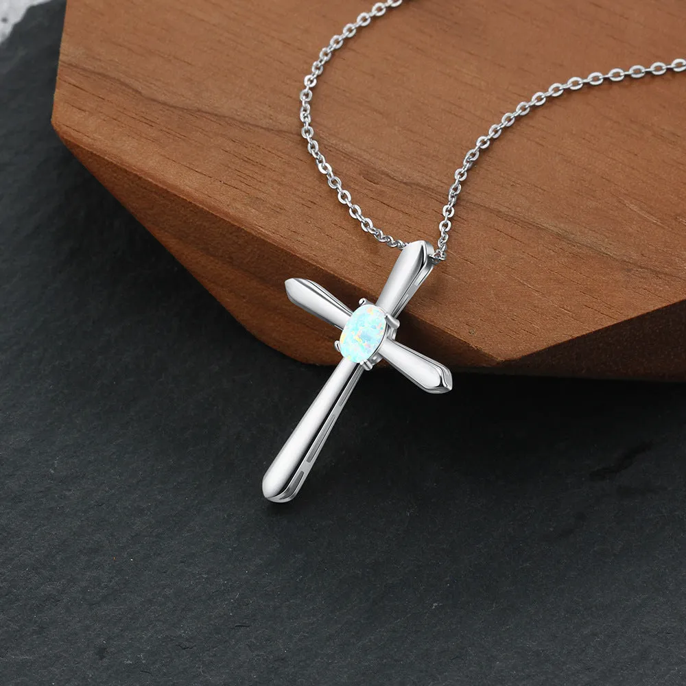 Oval Opal Cross Sterling Silver Necklace