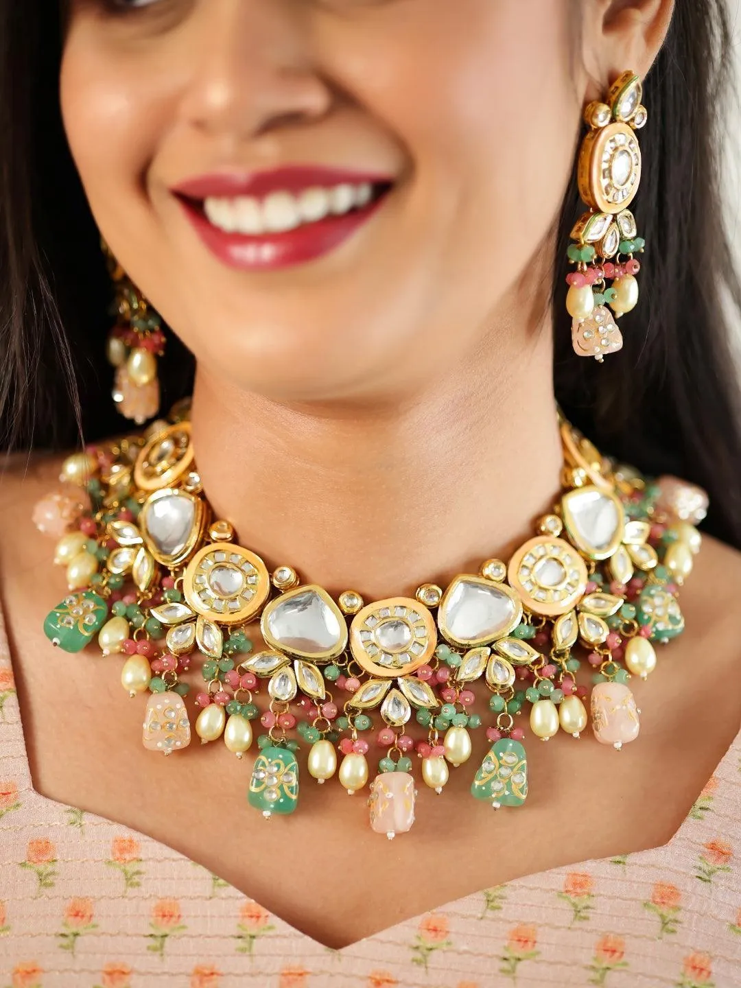 Paloma Rao In Kundan With Meena Design Necklace Set