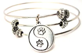 Paw Prints Yin Yang Symbol Triple Style Expandable Bangle Bracelet