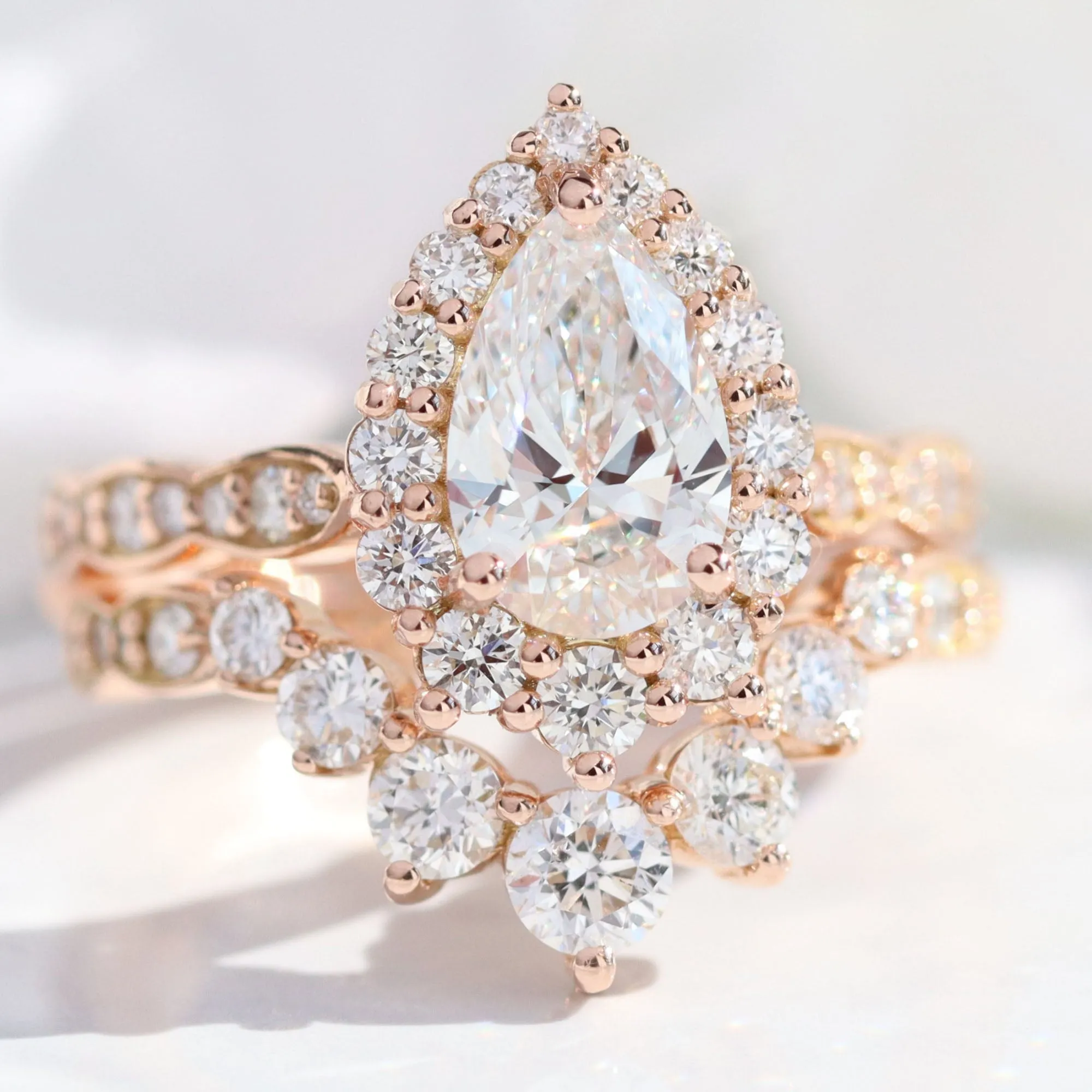 Pear Diamond Halo Scalloped Ring Set w/ Lab Diamond and Large 7 Stone Wedding Band