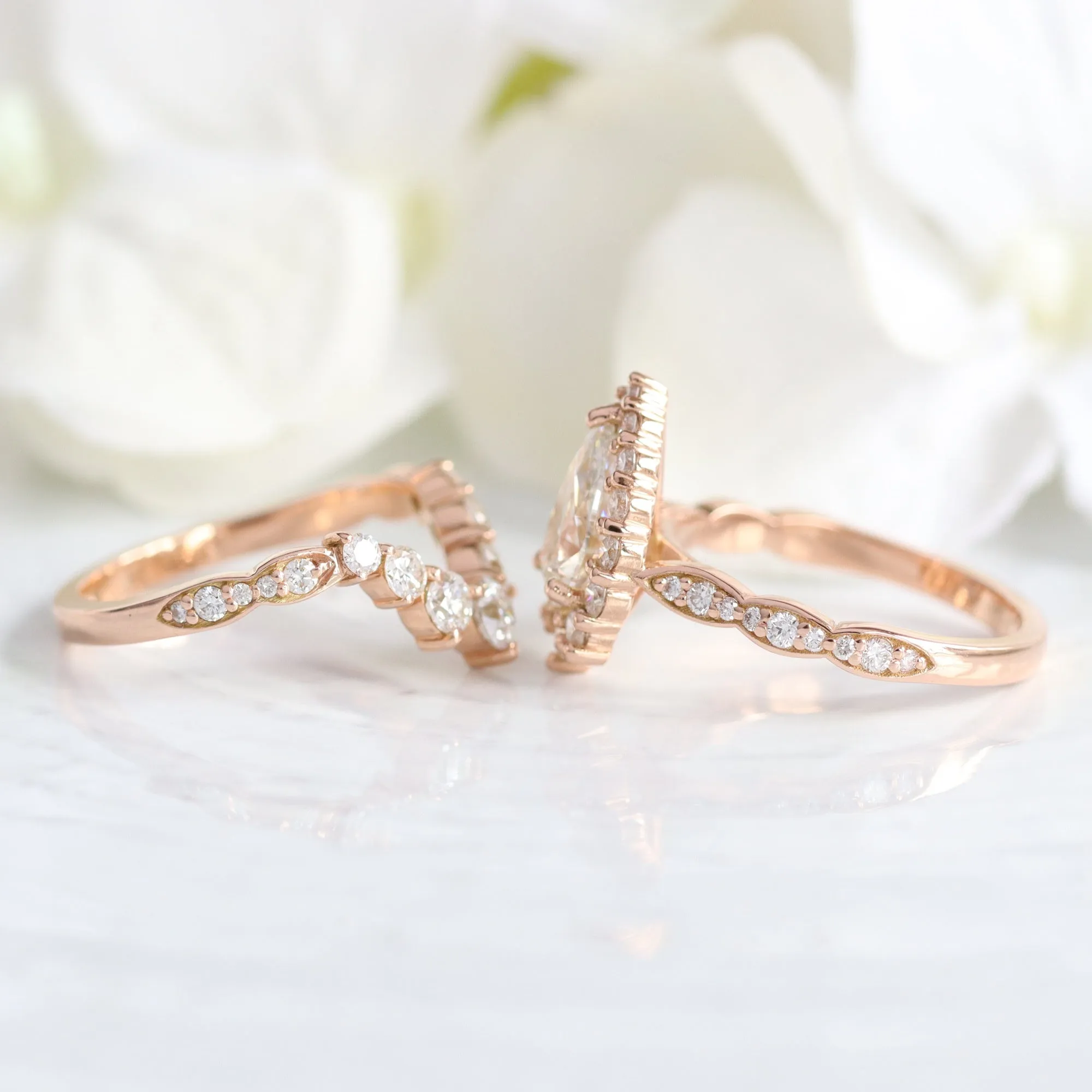 Pear Diamond Halo Scalloped Ring Set w/ Lab Diamond and Large 7 Stone Wedding Band