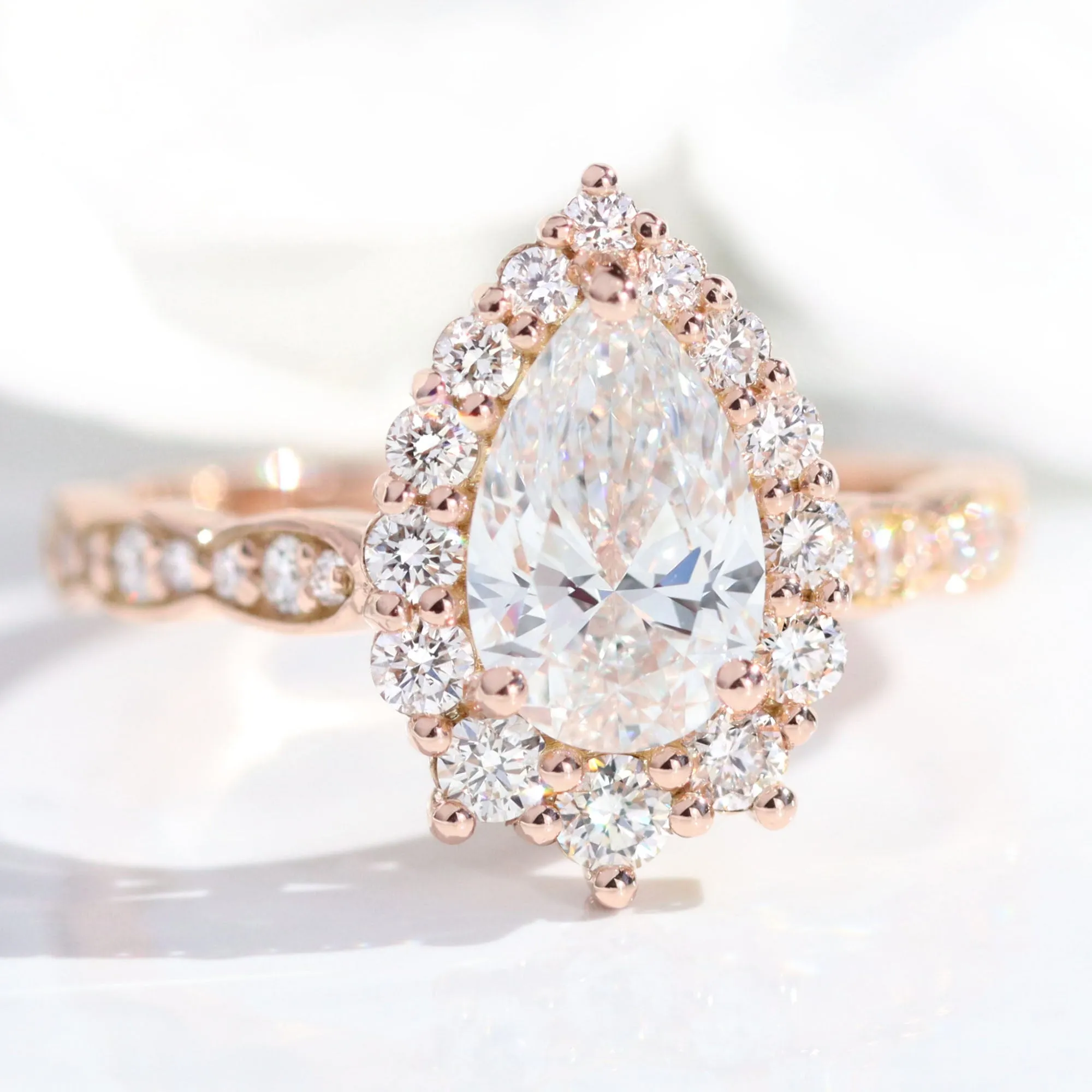 Pear Diamond Halo Scalloped Ring Set w/ Lab Diamond and Large 7 Stone Wedding Band