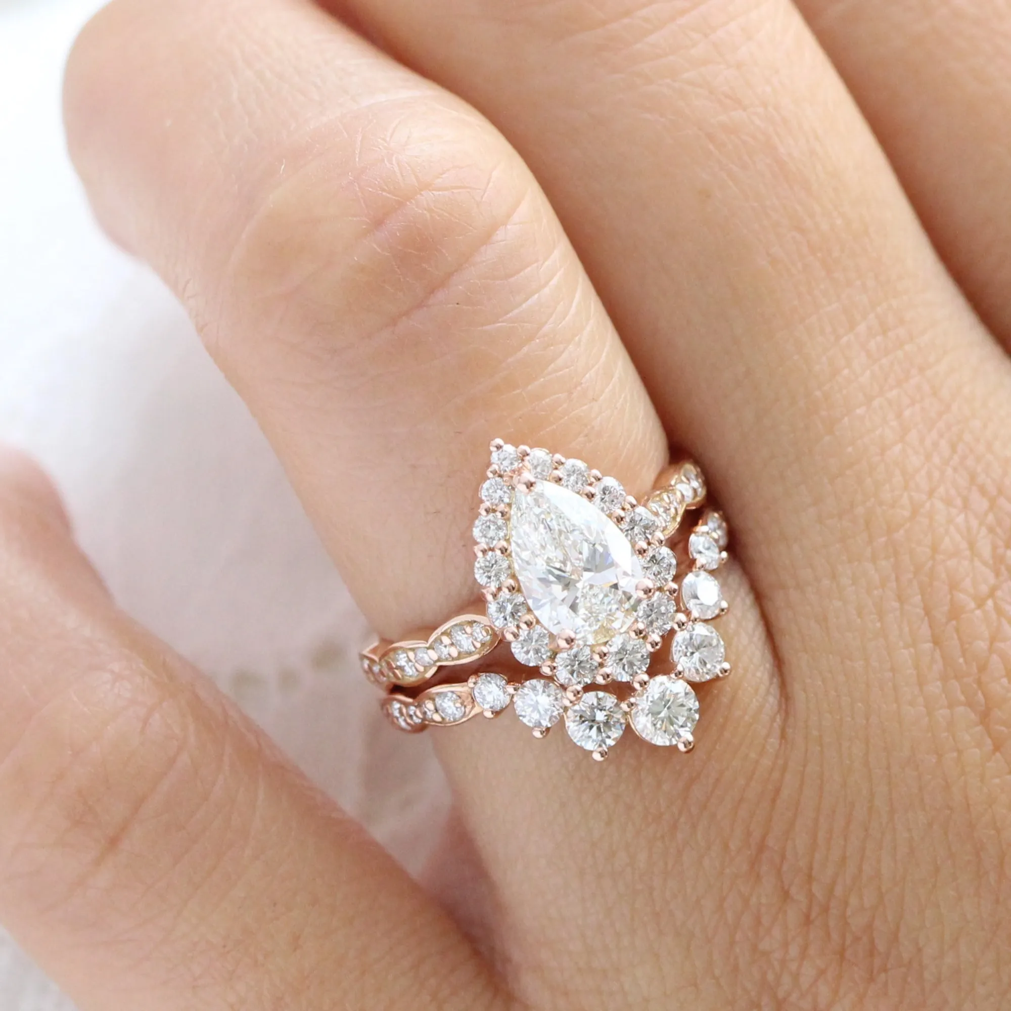 Pear Diamond Halo Scalloped Ring Set w/ Lab Diamond and Large 7 Stone Wedding Band