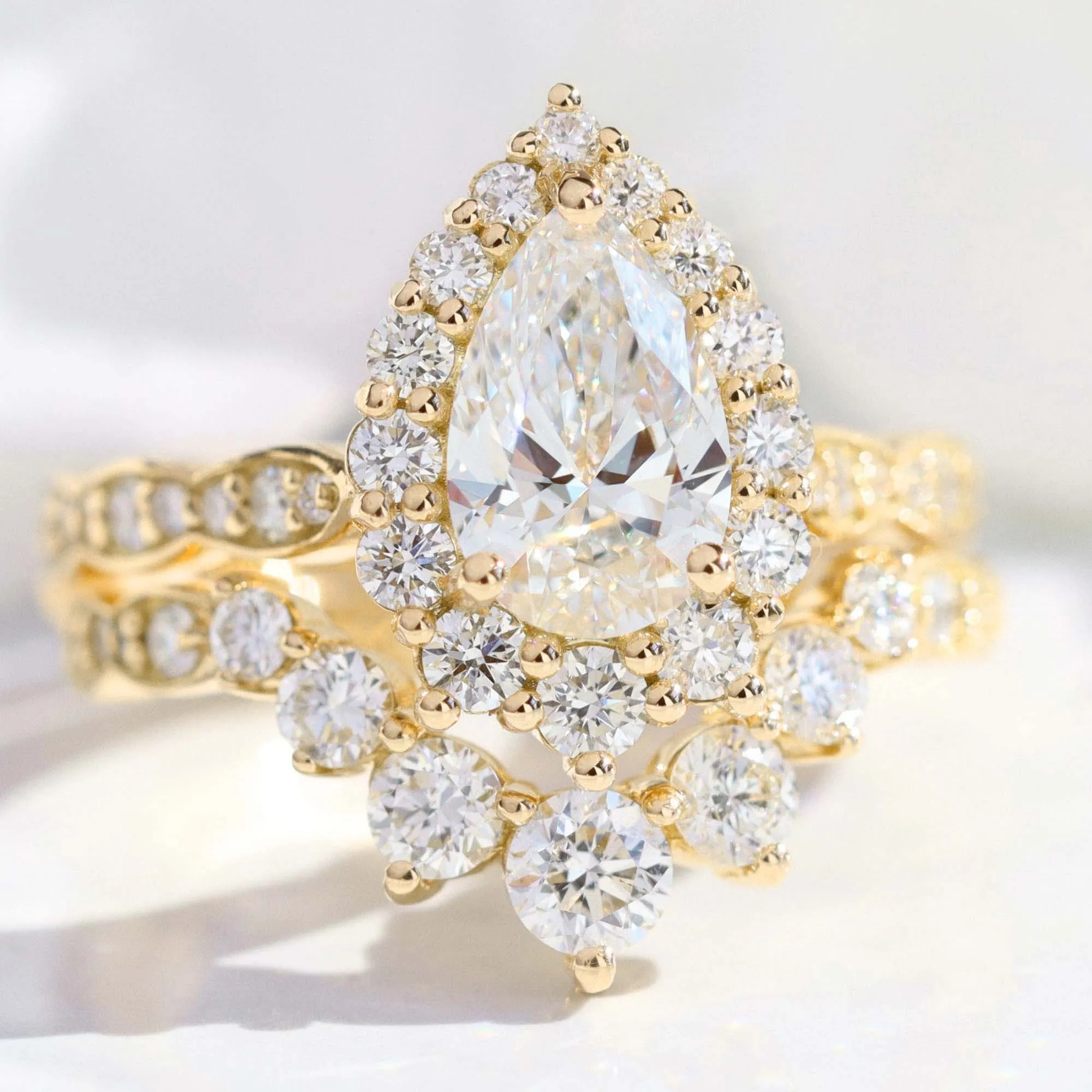 Pear Diamond Halo Scalloped Ring Set w/ Lab Diamond and Large 7 Stone Wedding Band