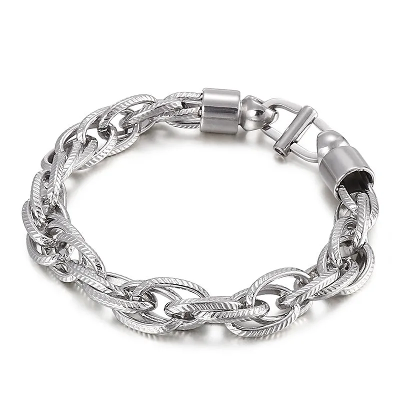 Personalized Titanium Steel Men's Bracelet with Oval Twist Chain and Japanese Buckle