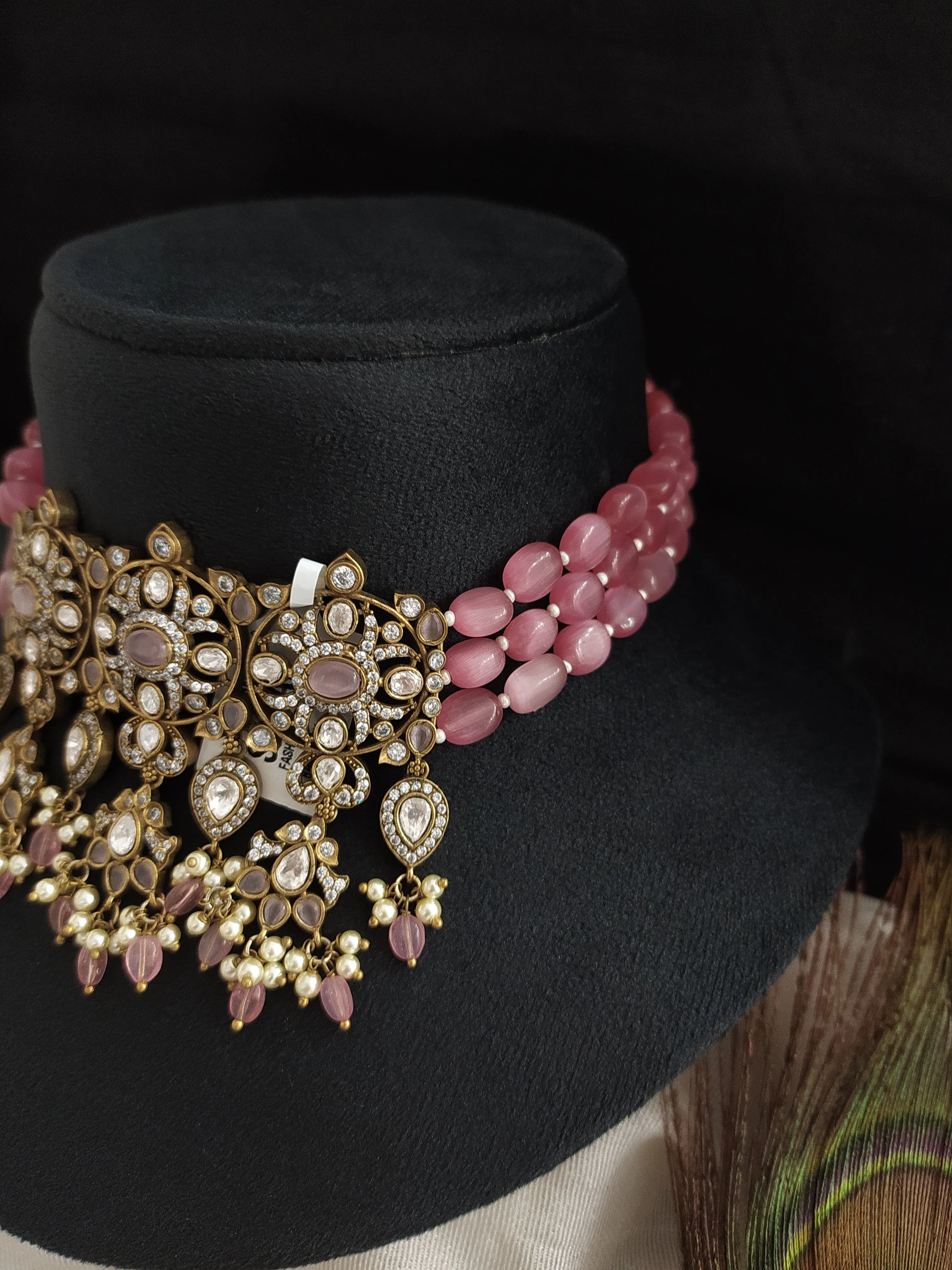 Pink Elegance Victorian Beaded Choker Set with Kundan and Zircon Flourish