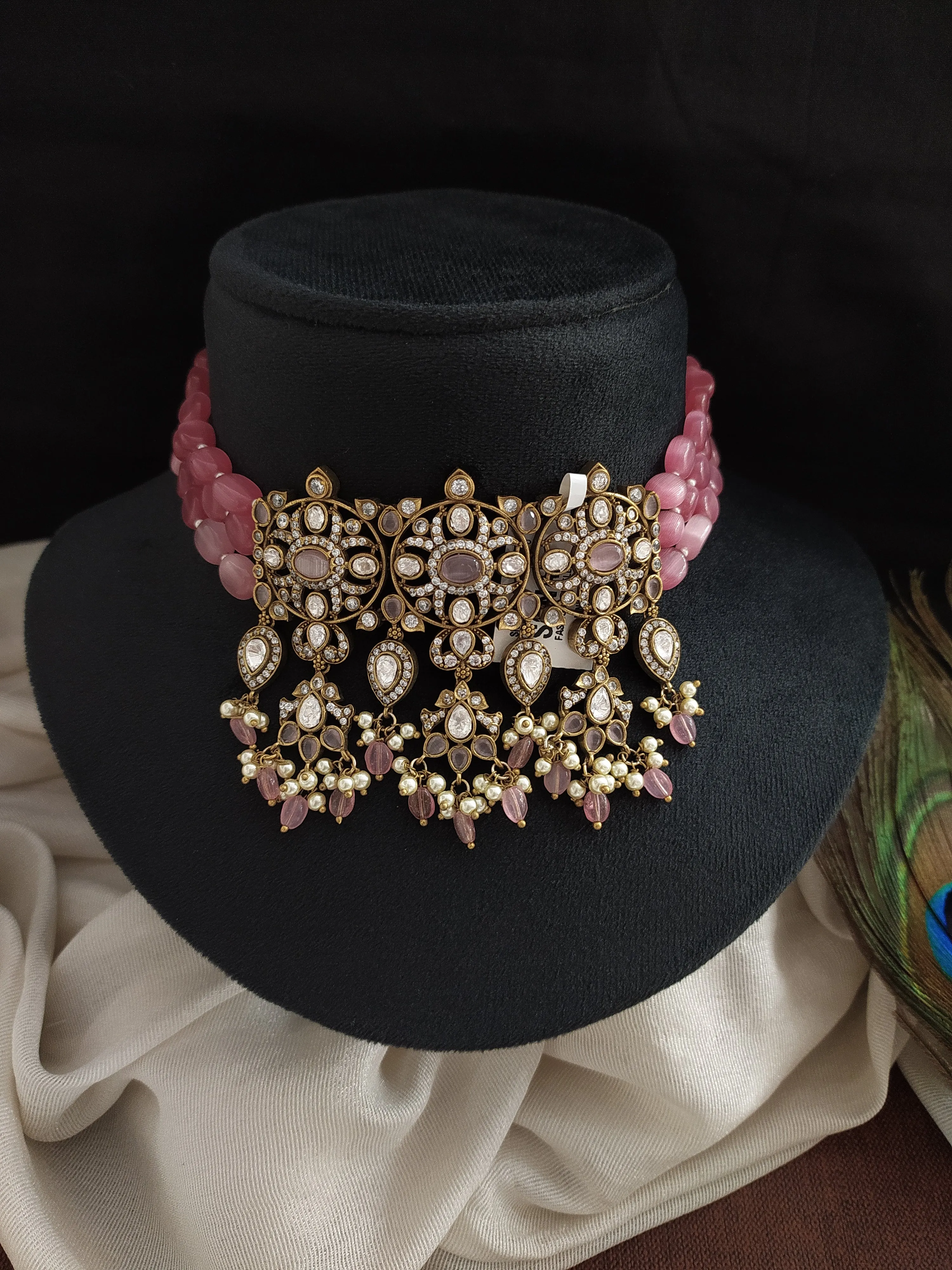 Pink Elegance Victorian Beaded Choker Set with Kundan and Zircon Flourish