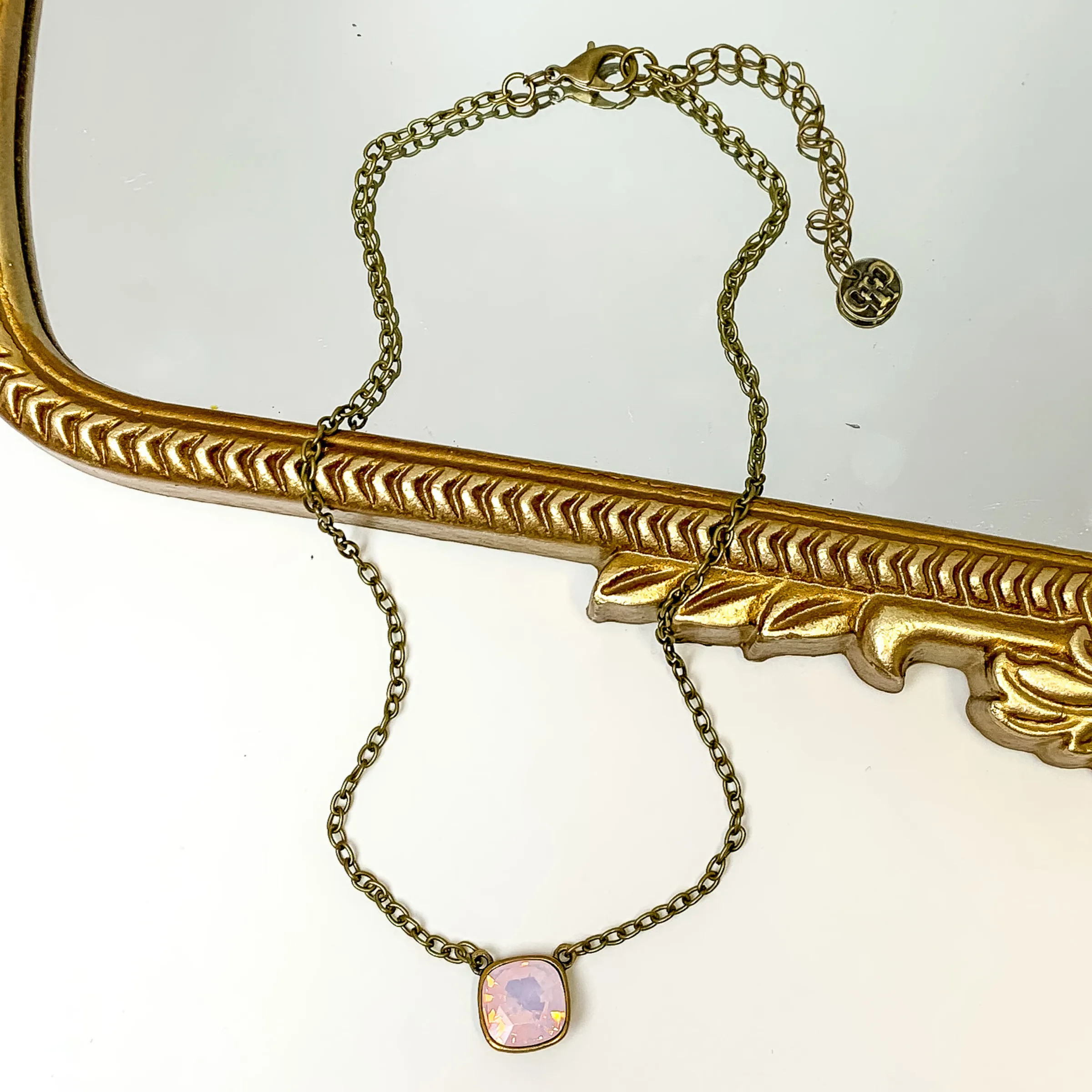 Pink Panache | Bronze Tone Chain Necklace with Rose Water Opal Cushion Cut Crystal