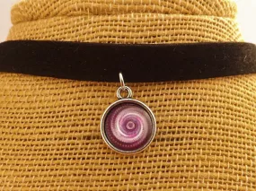 Purple & White Spiral on Black Dome Pendant on Choker Cord Necklace