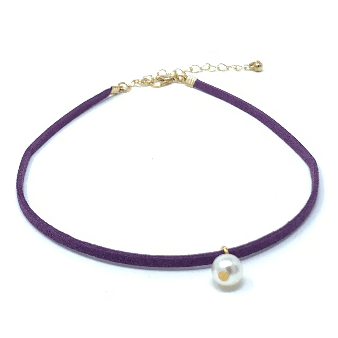 Purple Suede Choker Necklace Pearl Pendant