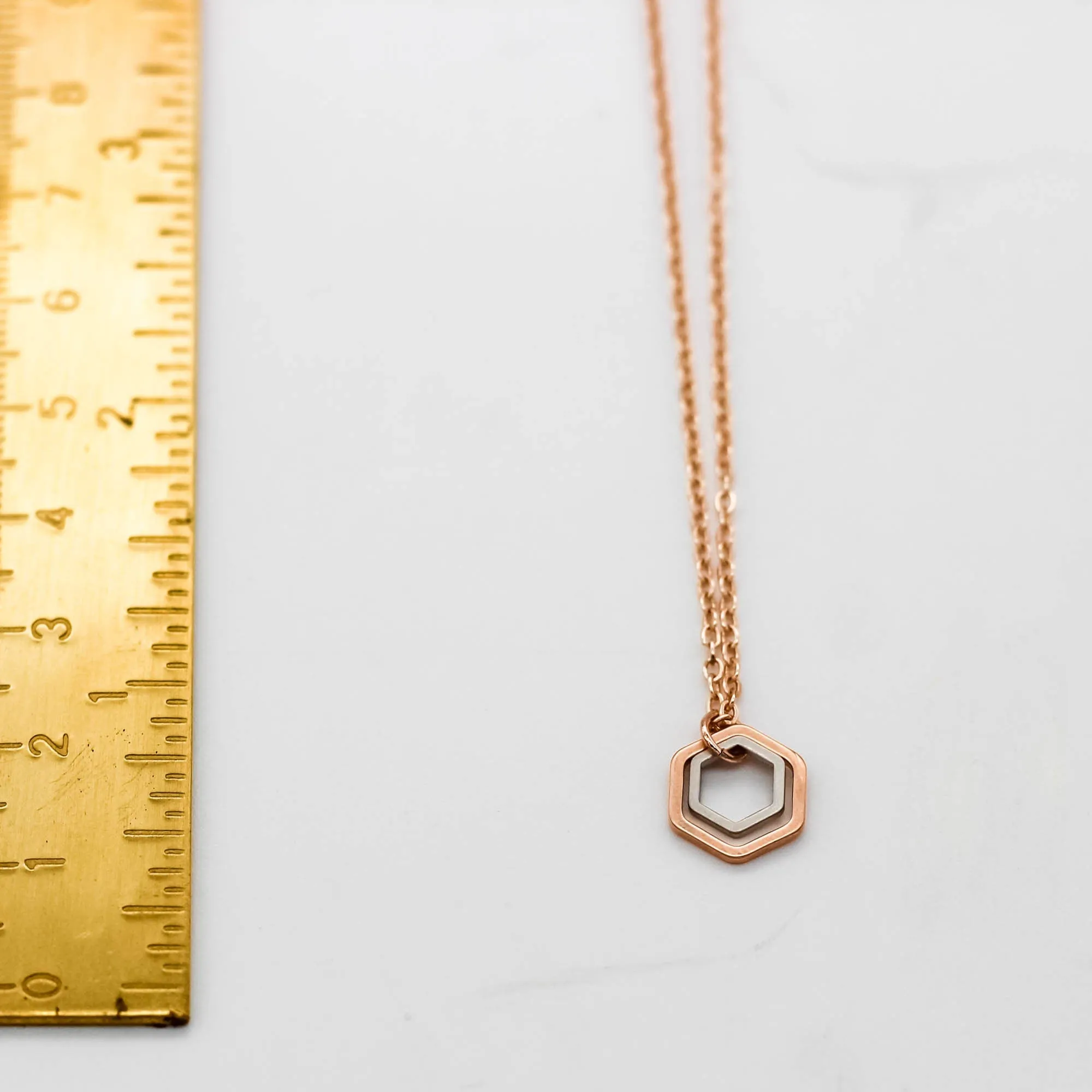 "Le Contour" Mini Hexagon Rose Gold and Silver Mixed Metal Necklace