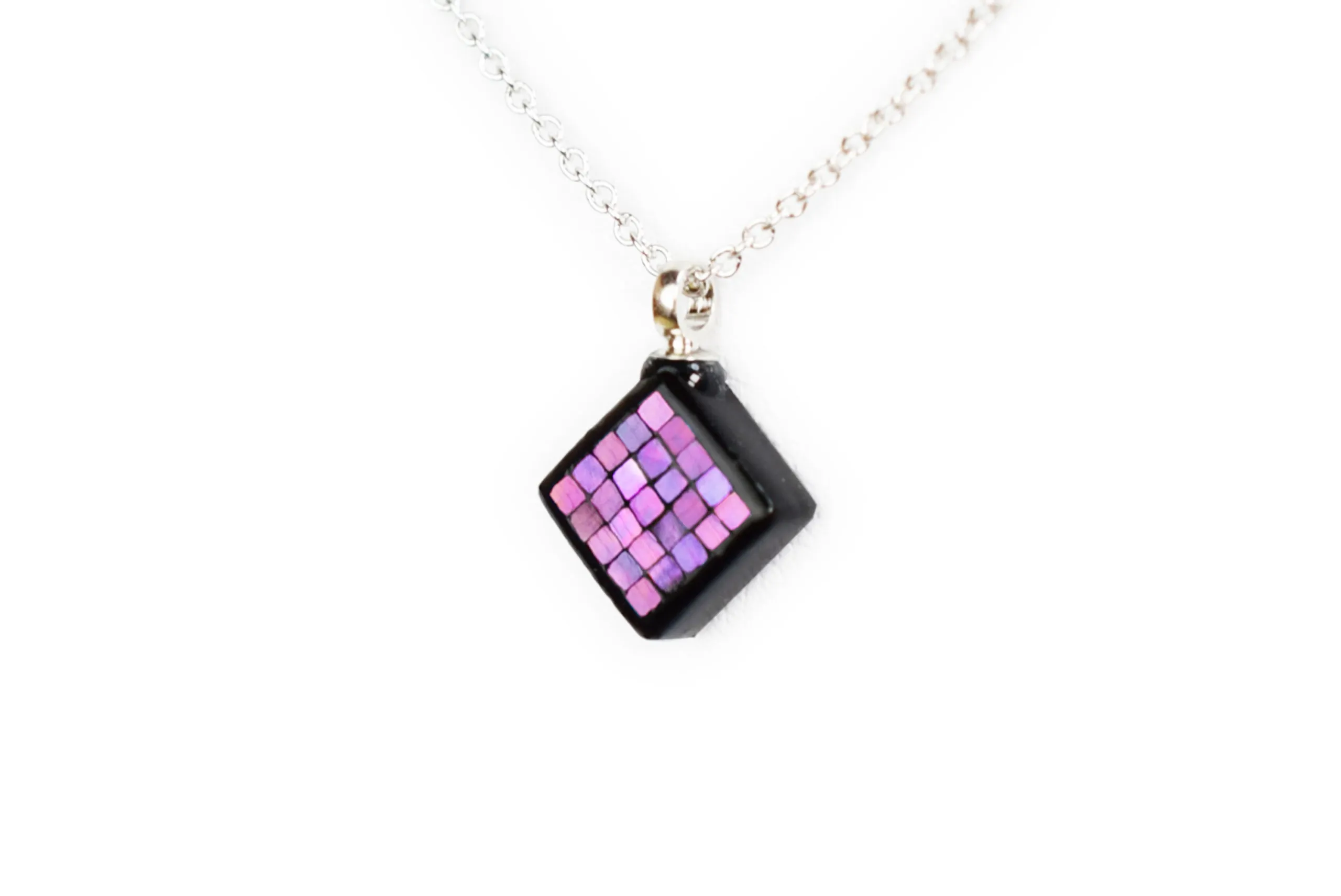 Raden Pendant Necklace - Square / Pink Color / SS Size-, Japanese Lacquer Jewelry, Kyoto Jewelry