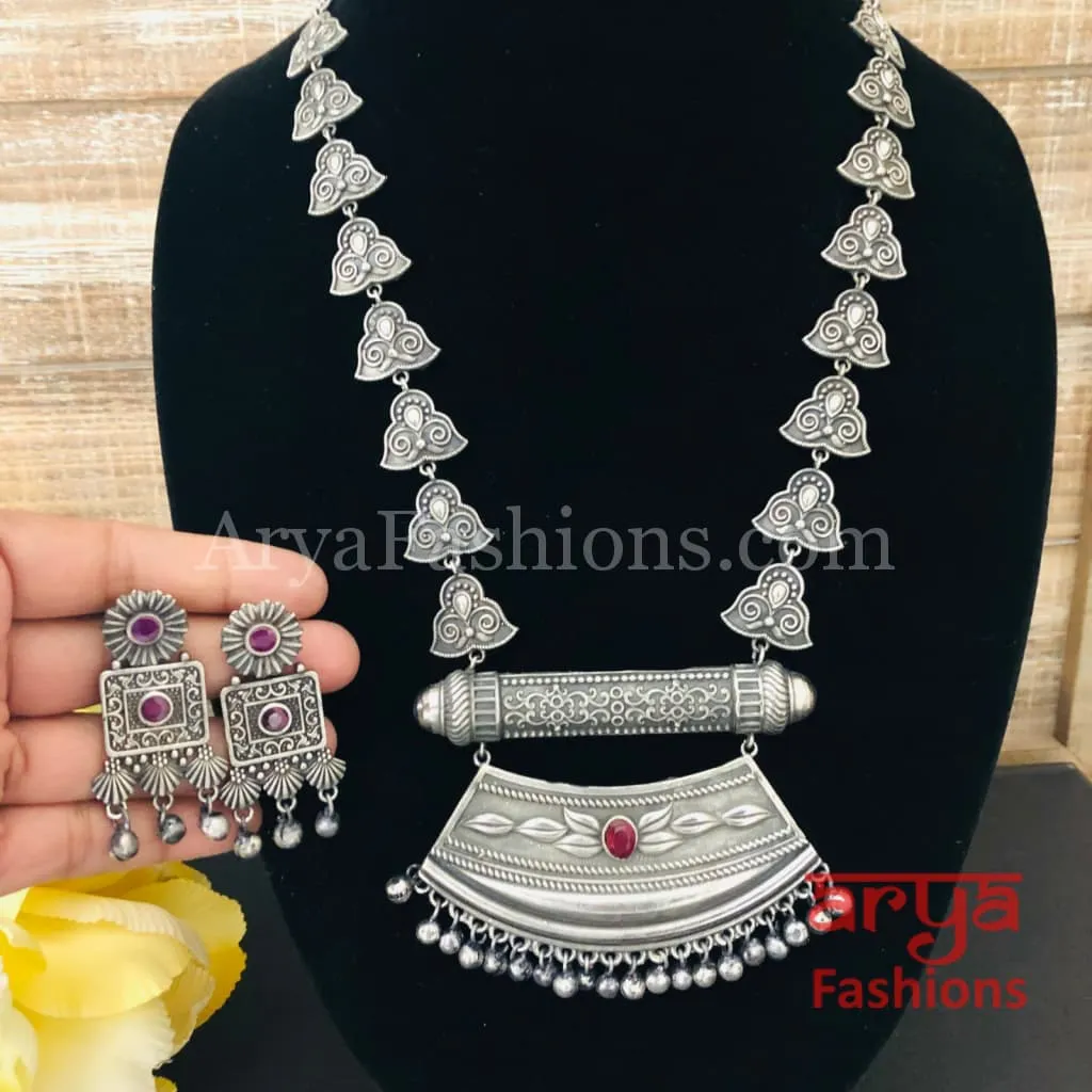 Rajwadi Style Oxidized Silver Long Necklace/ Tribal Necklace with colored Stones