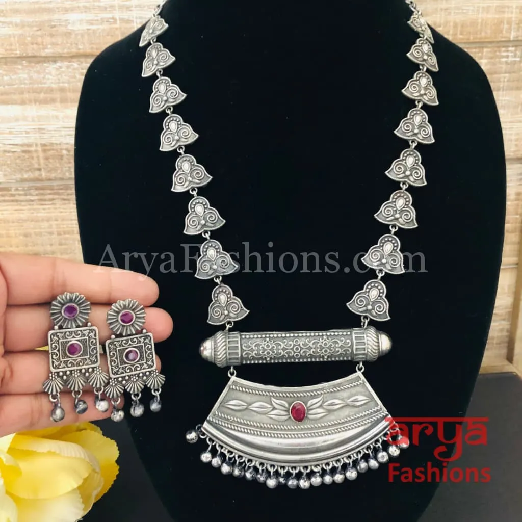 Rajwadi Style Oxidized Silver Long Necklace/ Tribal Necklace with colored Stones