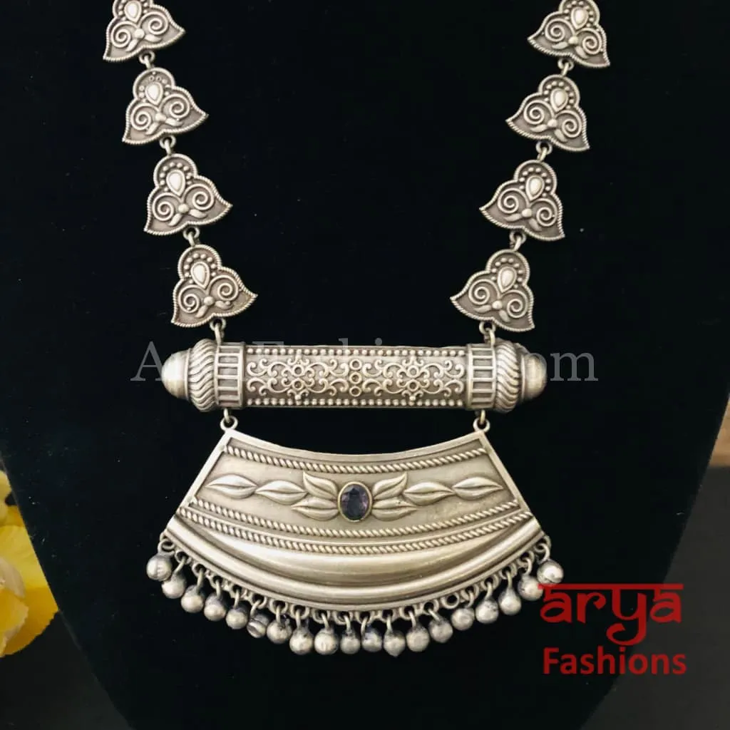 Rajwadi Style Oxidized Silver Long Necklace/ Tribal Necklace with colored Stones