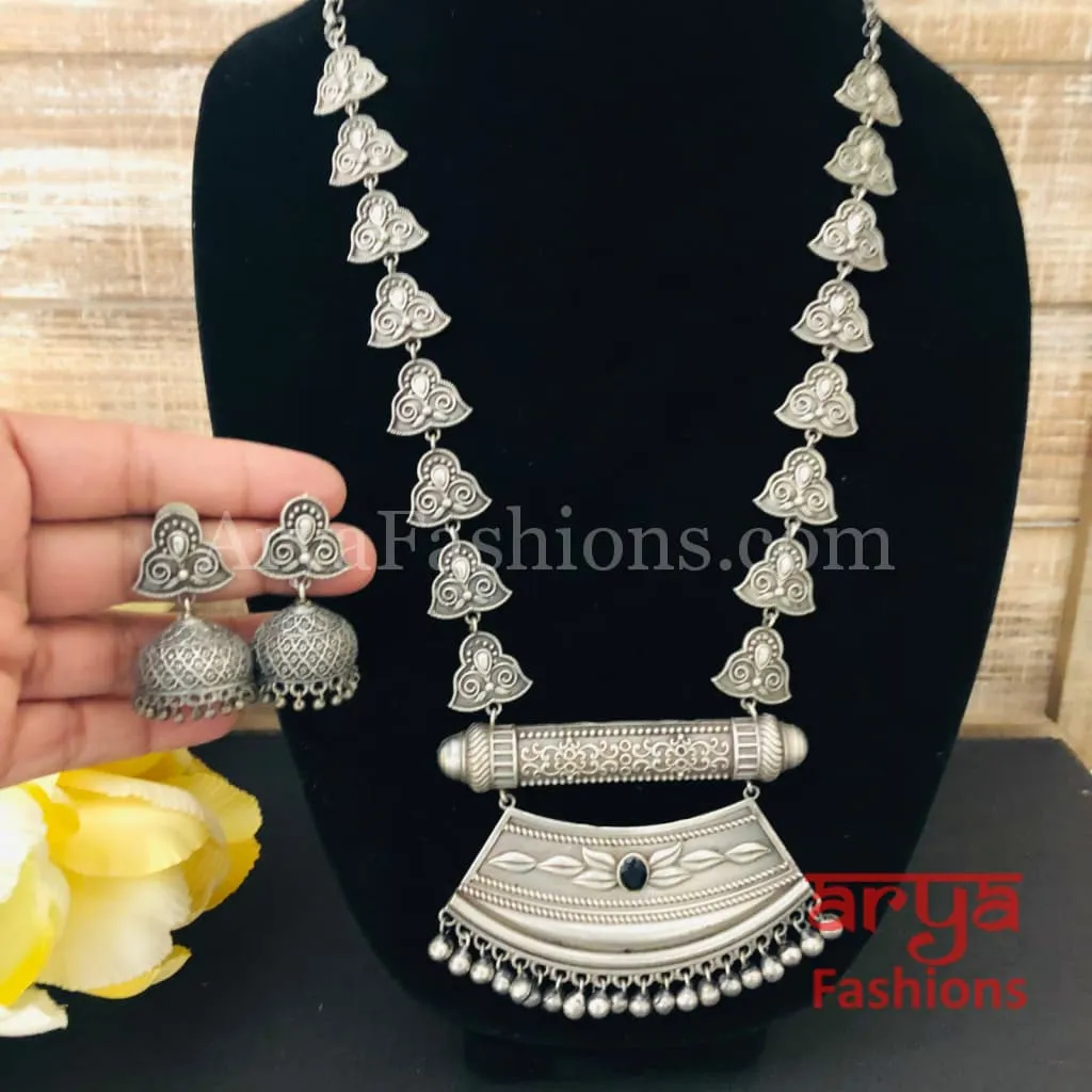 Rajwadi Style Oxidized Silver Long Necklace/ Tribal Necklace with colored Stones