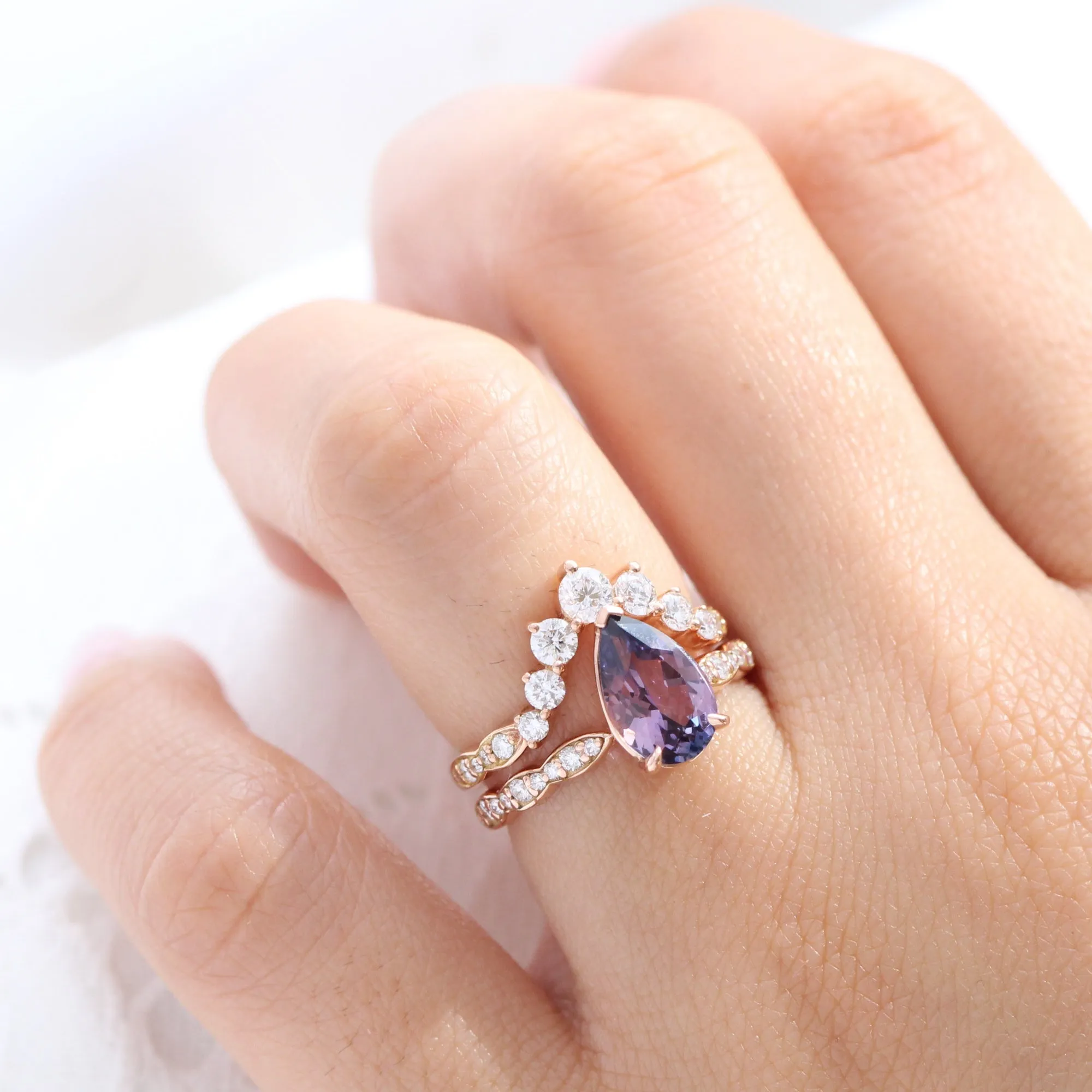 Rare Purple Parti Sapphire Diamond Ring in 14k Rose Gold Low Profile Ring, Size 6.25