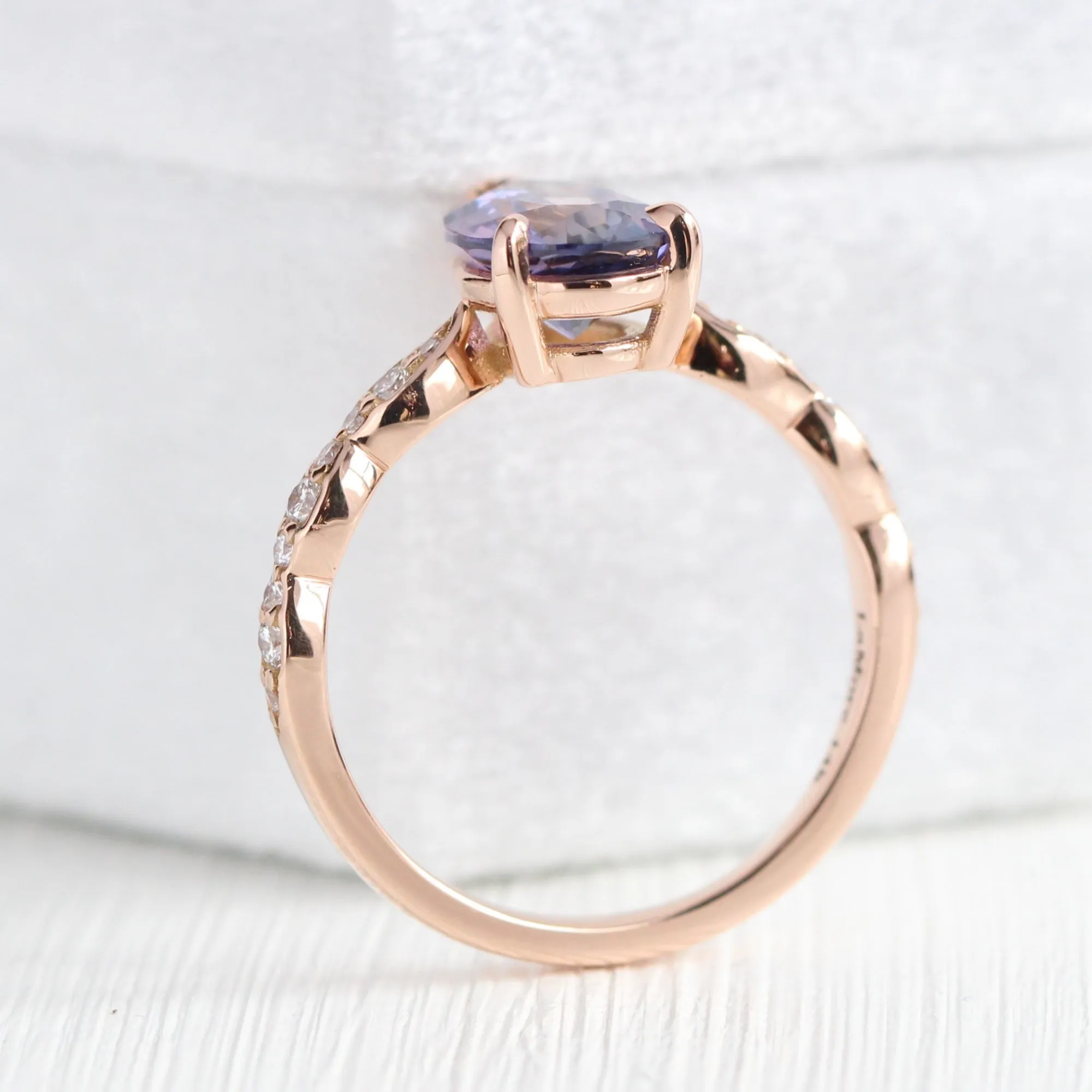 Rare Purple Parti Sapphire Diamond Ring in 14k Rose Gold Low Profile Ring, Size 6.25