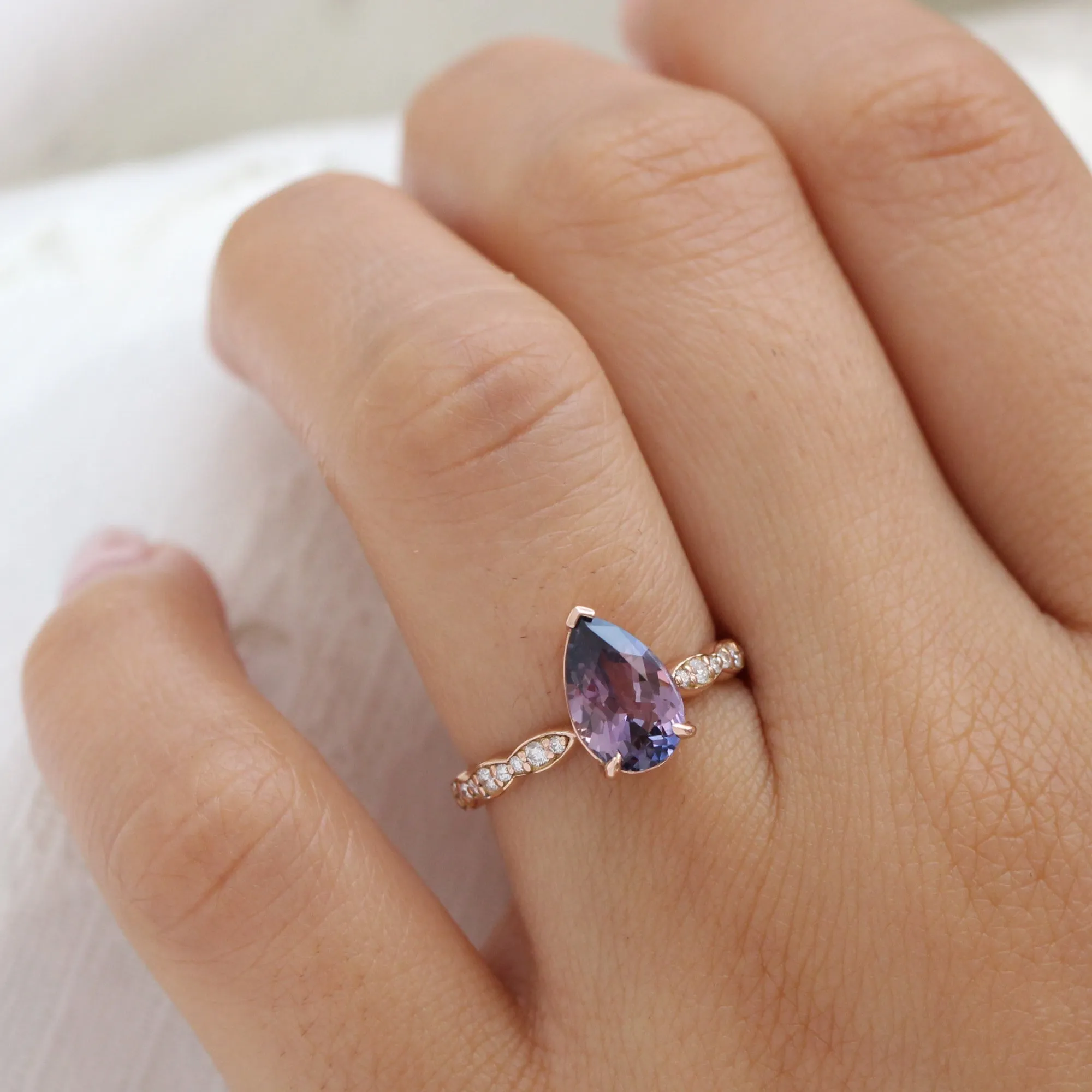 Rare Purple Parti Sapphire Diamond Ring in 14k Rose Gold Low Profile Ring, Size 6.25