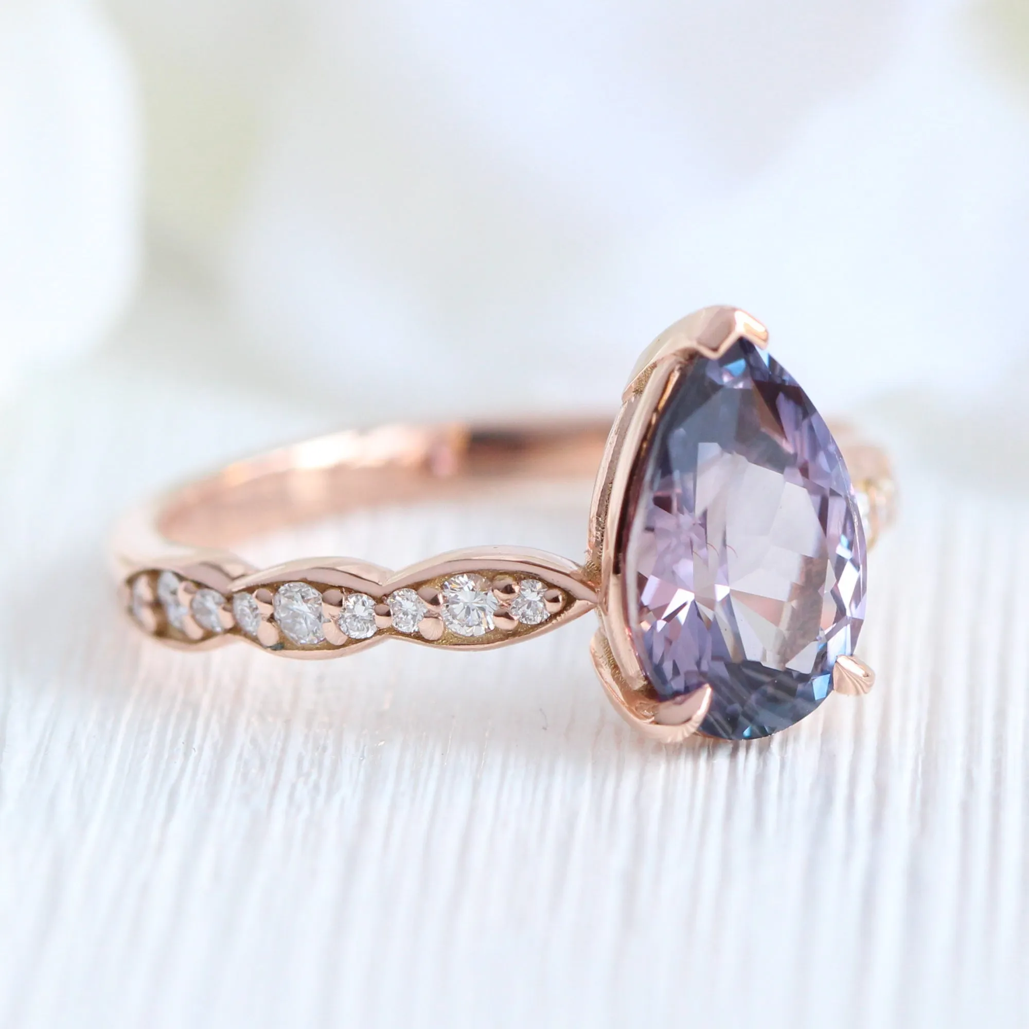 Rare Purple Parti Sapphire Diamond Ring in 14k Rose Gold Low Profile Ring, Size 6.25