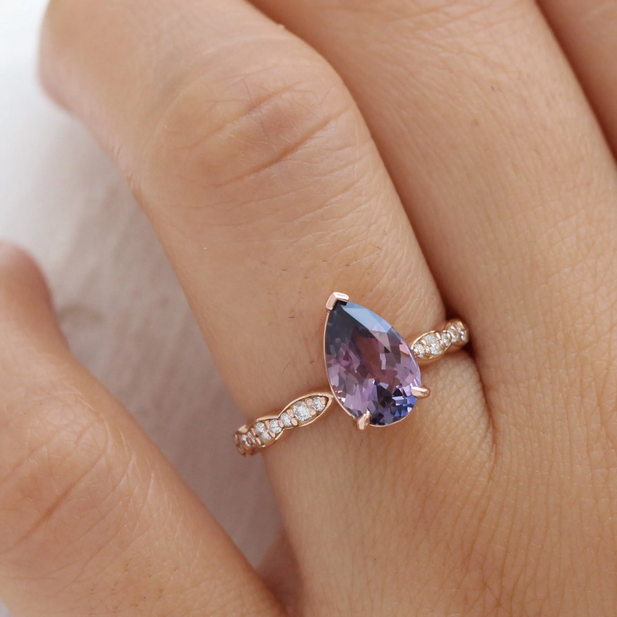 Rare Purple Parti Sapphire Diamond Ring in 14k Rose Gold Low Profile Ring, Size 6.25