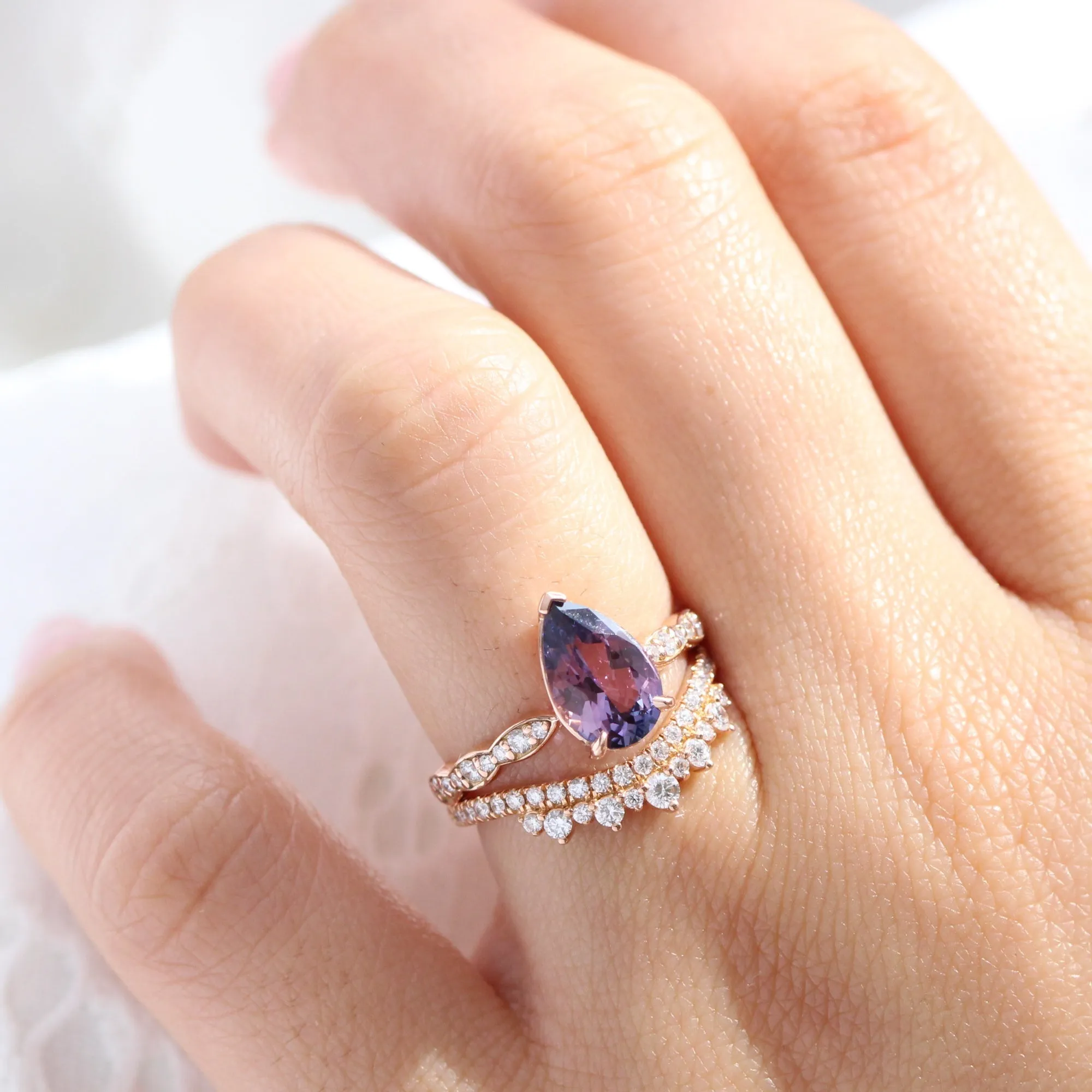 Rare Purple Parti Sapphire Diamond Ring in 14k Rose Gold Low Profile Ring, Size 6.25