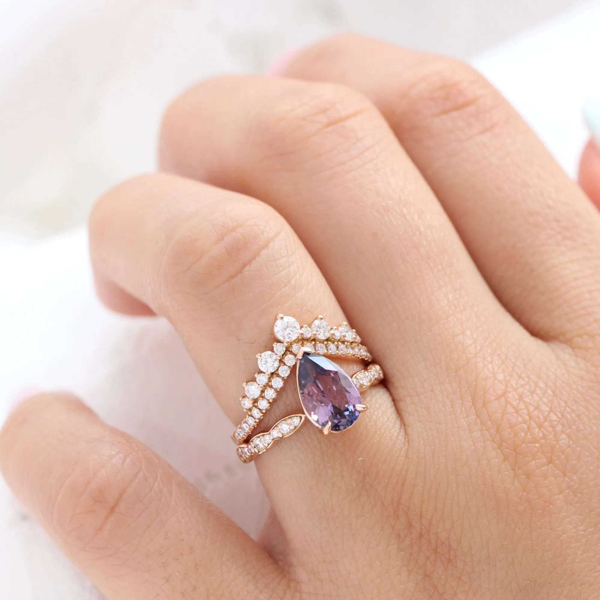 Rare Purple Parti Sapphire Diamond Ring in 14k Rose Gold Low Profile Ring, Size 6.25