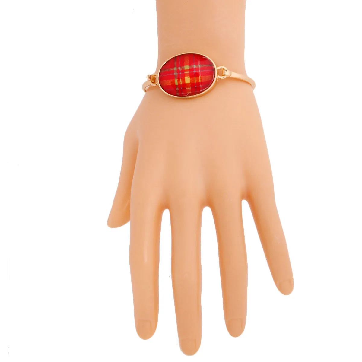 Red Oval Plaid Gold Bangle