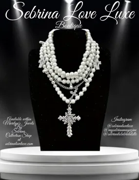 Romantic Medieval Multi-Strand  Faux Pearl Rhinestone Cross Necklace