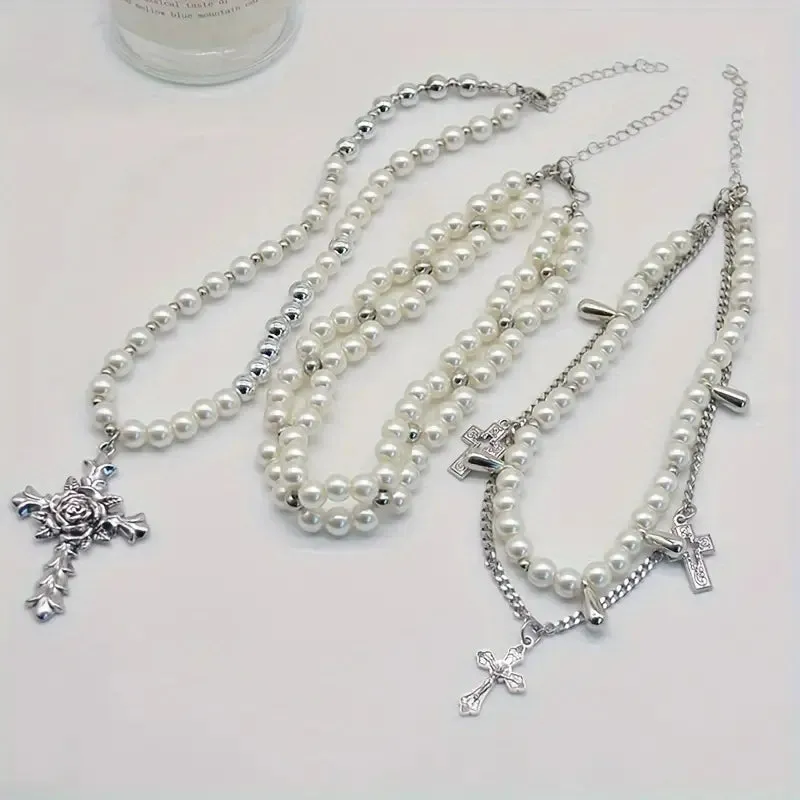 Romantic Medieval Multi-Strand  Faux Pearl Rhinestone Cross Necklace