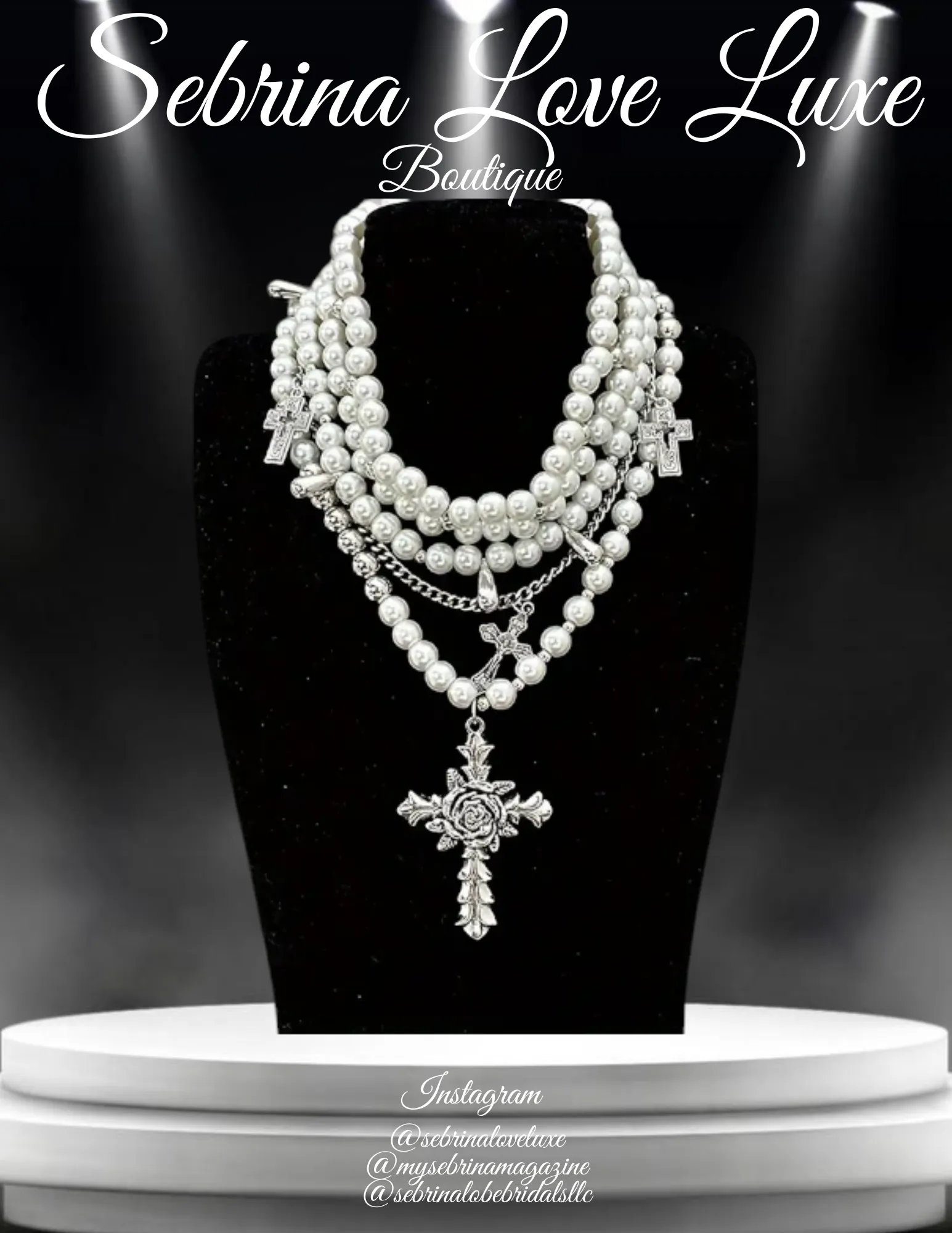 Romantic Medieval Multi-Strand  Faux Pearl Rhinestone Cross Necklace