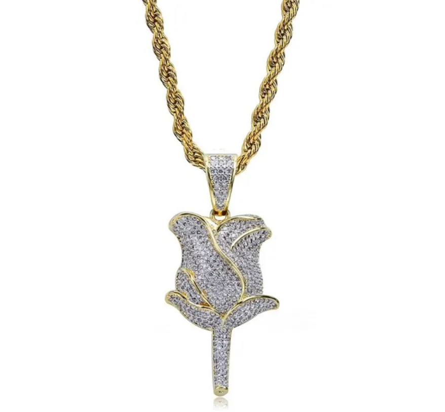 Rose Flower Chain Iced Out Diamond Lil Uzi Vert Necklace Hip Hop Floral Jewelry Gold Silver Color Metal Alloy 24in.