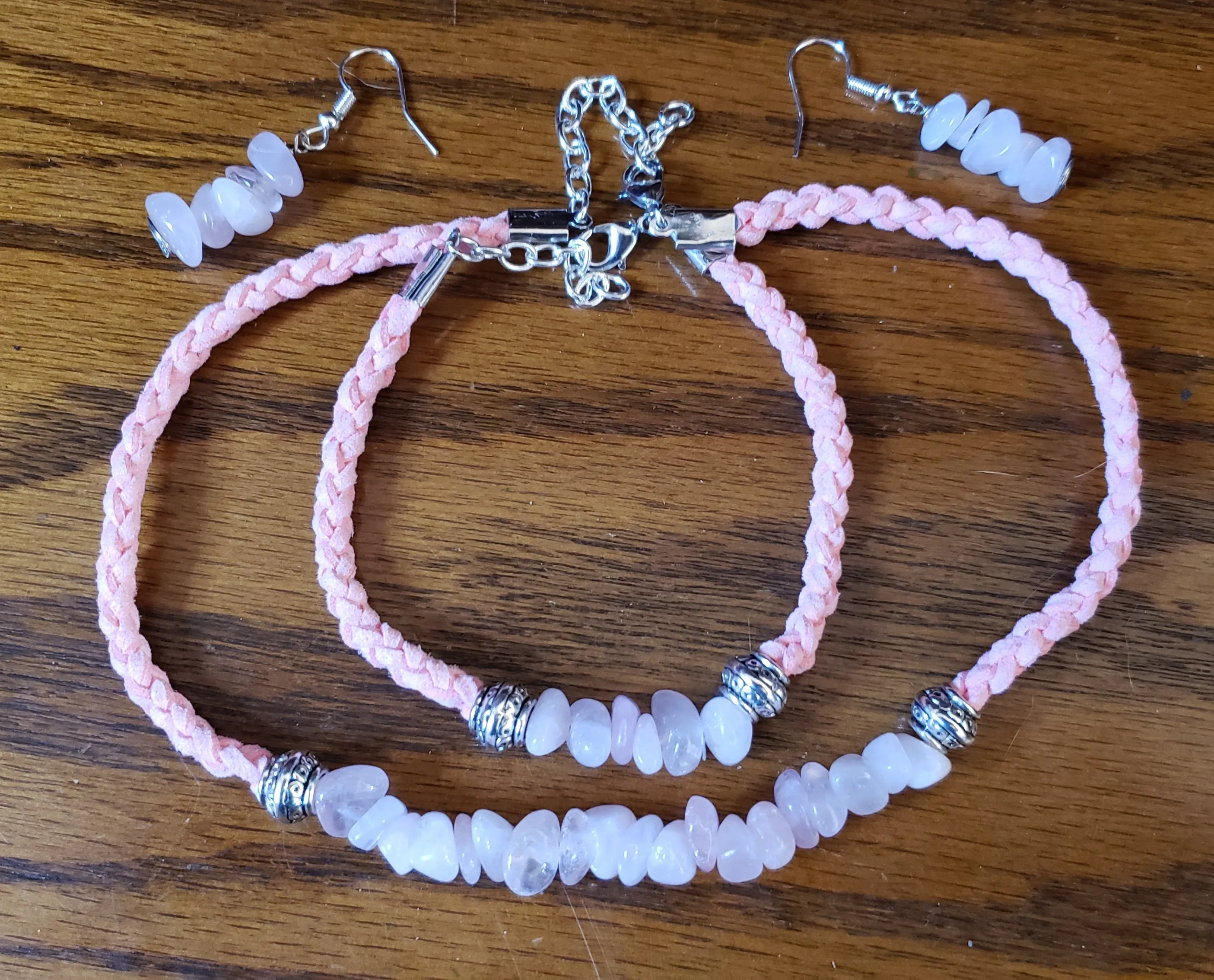 Rose Quartz Gemstone & Genuine Pink Leather Set. Choker, Bracelet & Earrings. Fully adjustable with Lobster Claw Clasps