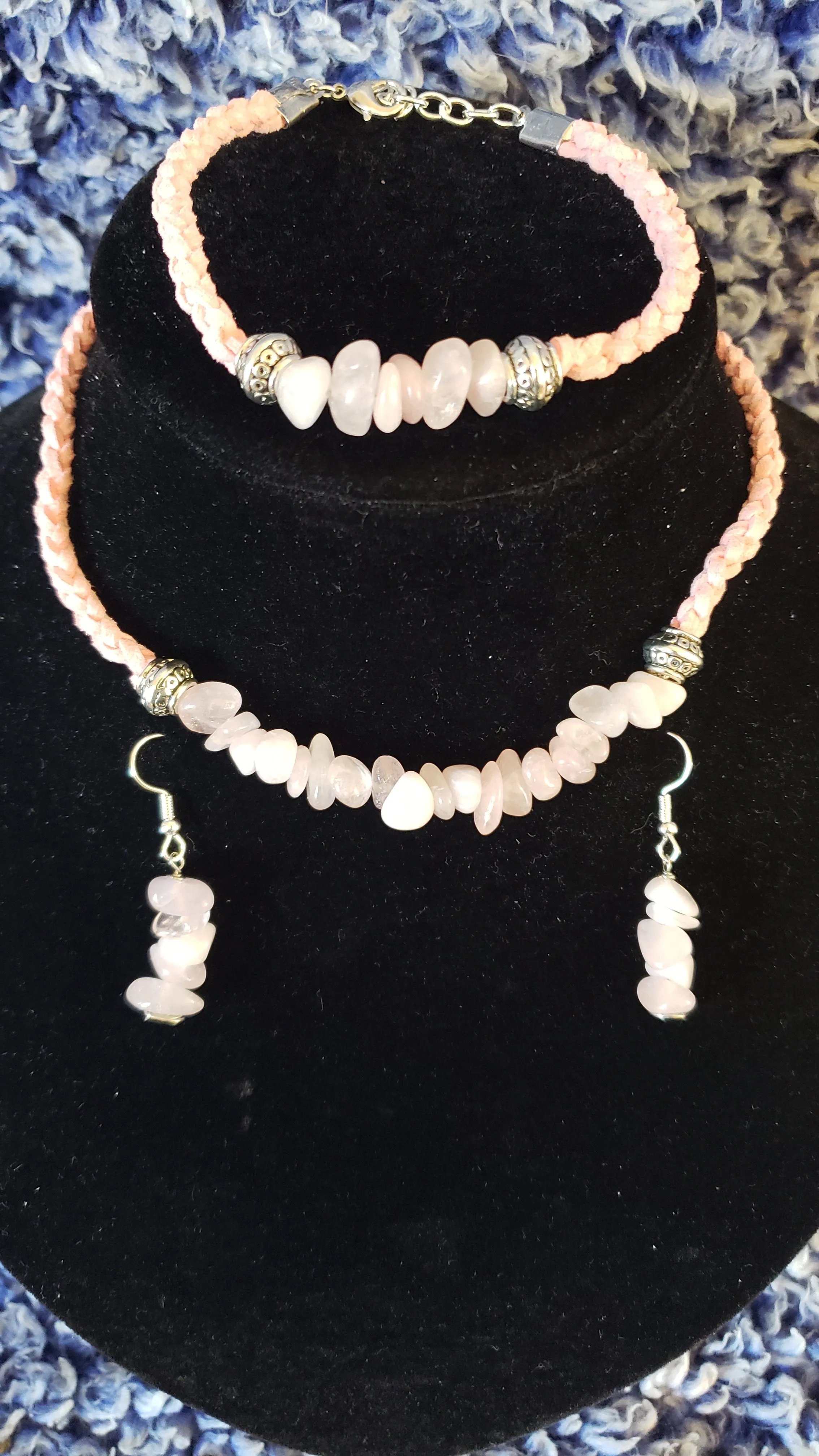 Rose Quartz Gemstone & Genuine Pink Leather Set. Choker, Bracelet & Earrings. Fully adjustable with Lobster Claw Clasps